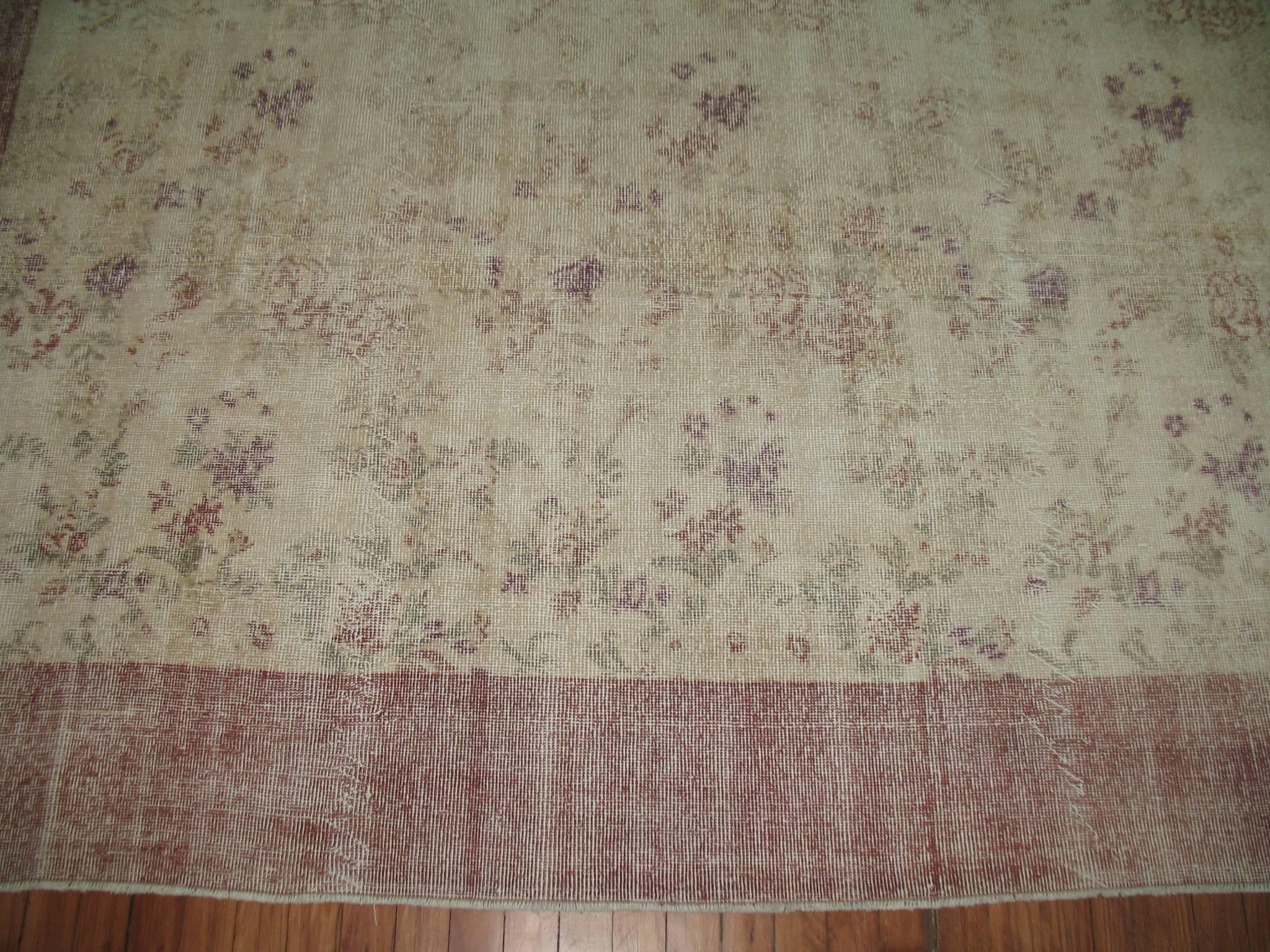 Zabihi Collection Worn Floral Turkish Room Size Rug In Good Condition For Sale In New York, NY