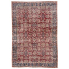Shabby Chic Turkish Sivas Carpet, Bright Red Field, Allover Field, Blue Borders