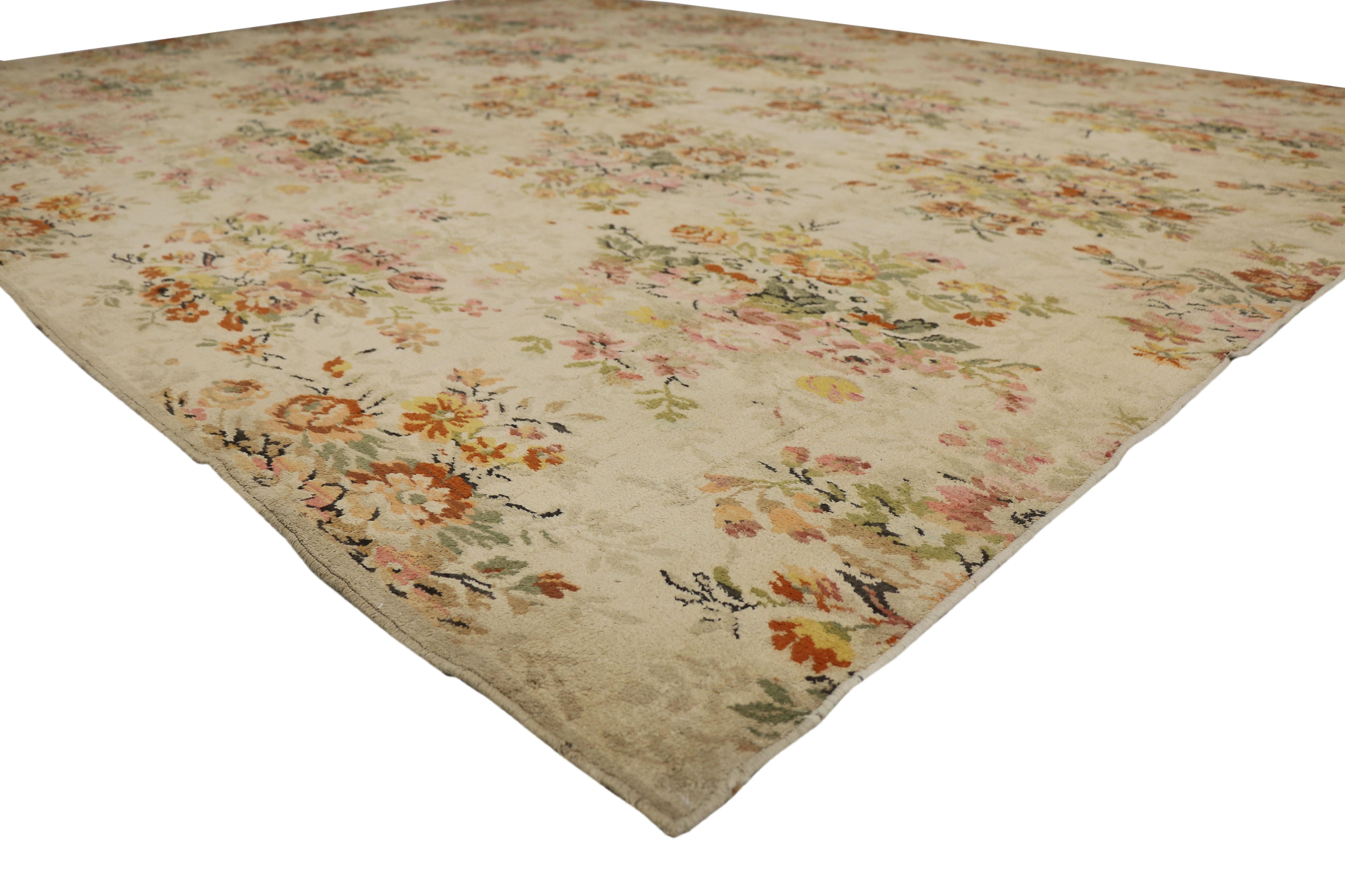 70715 Shabby Chic Vintage European Rose Bouquet Barkcloth Era Rug with Chintz Style. Drawing inspiration from Mario Buatta and Chintz style, this European style barkcloth rug beautifully showcases a timeless floral design. This shabby chic vintage