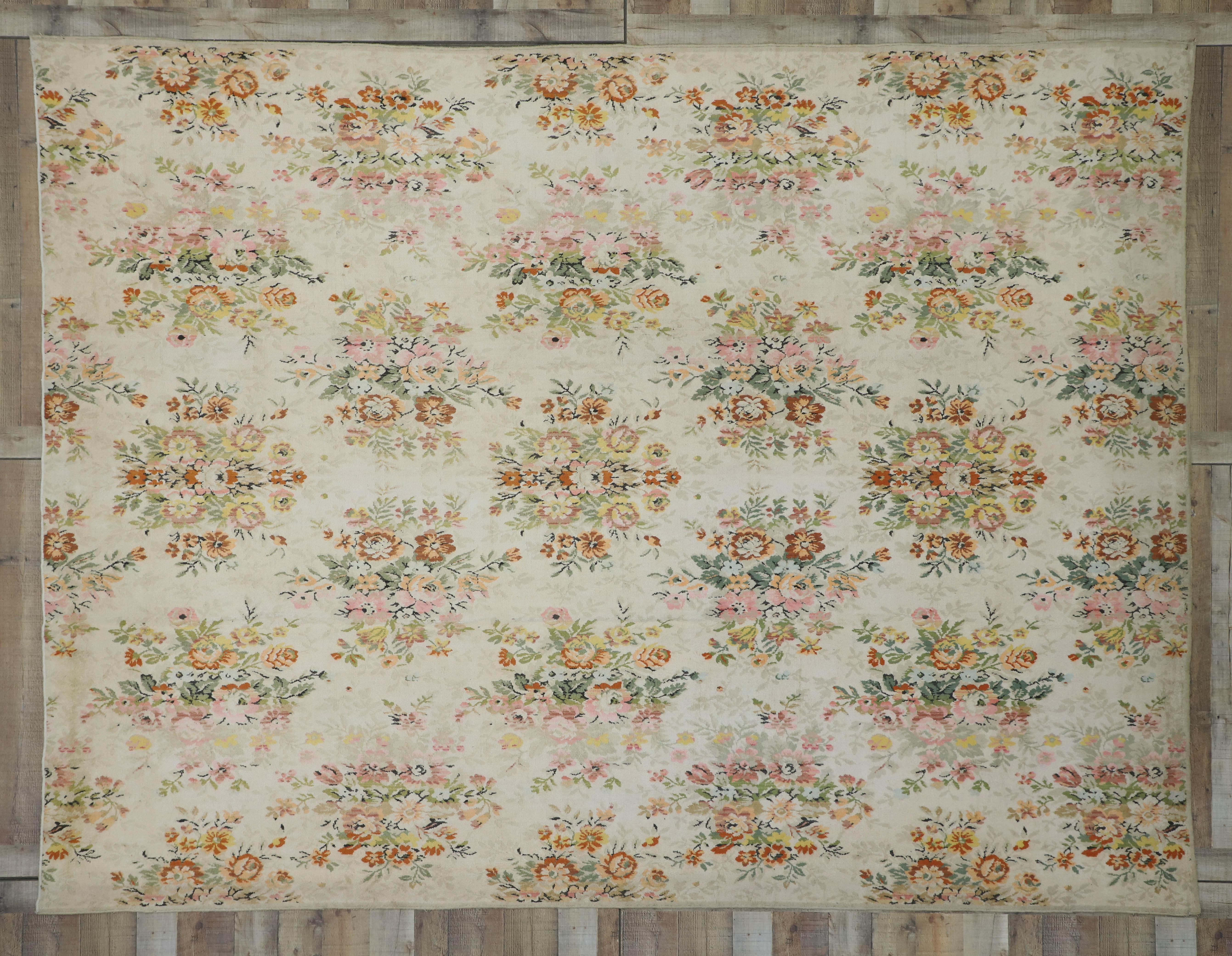 20th Century Shabby Chic Vintage European Rose Bouquet Barkcloth Era Rug with Chintz Style