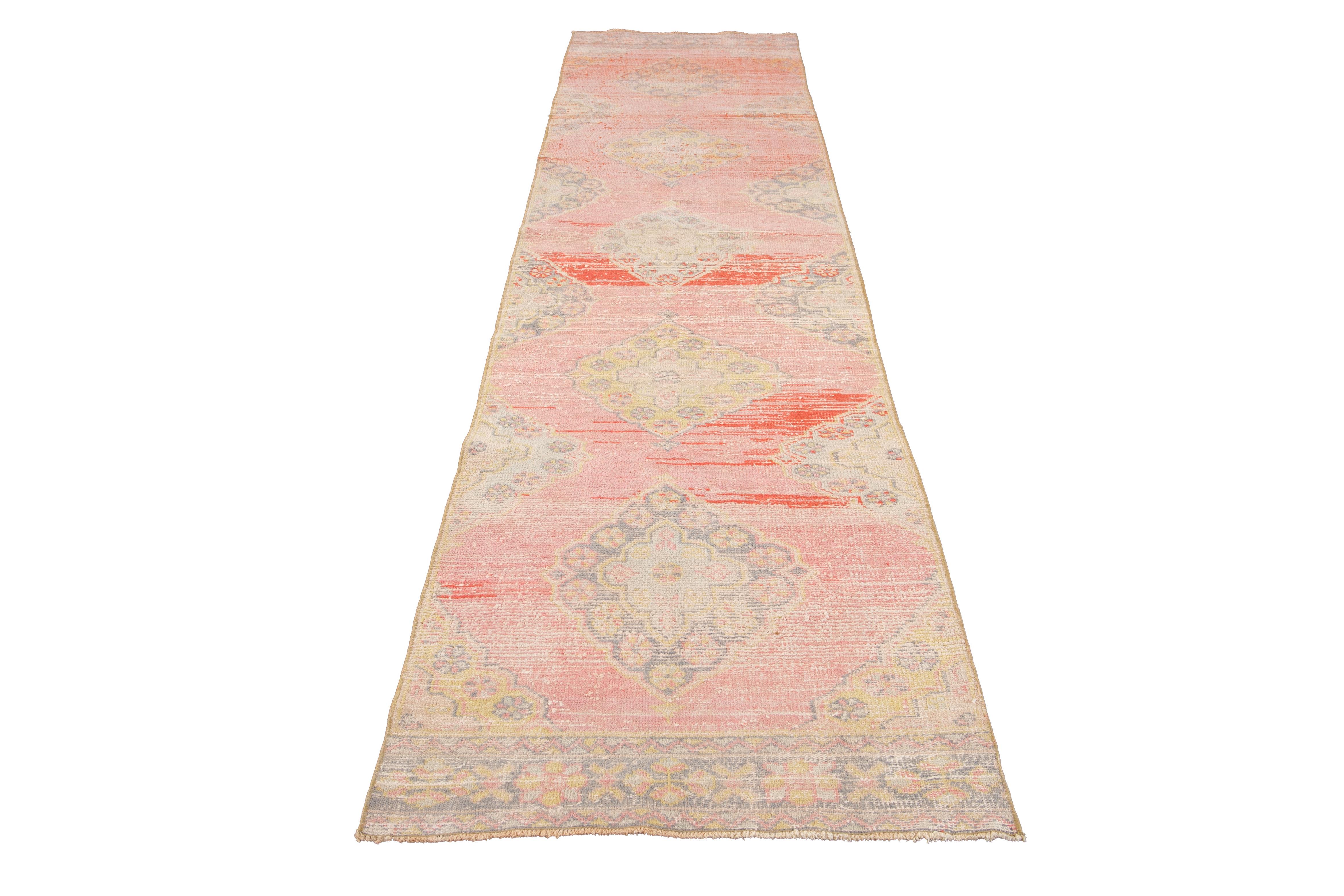 Hand-Knotted Shabby Chic Vintage Turkish Geometric Wool Runner For Sale