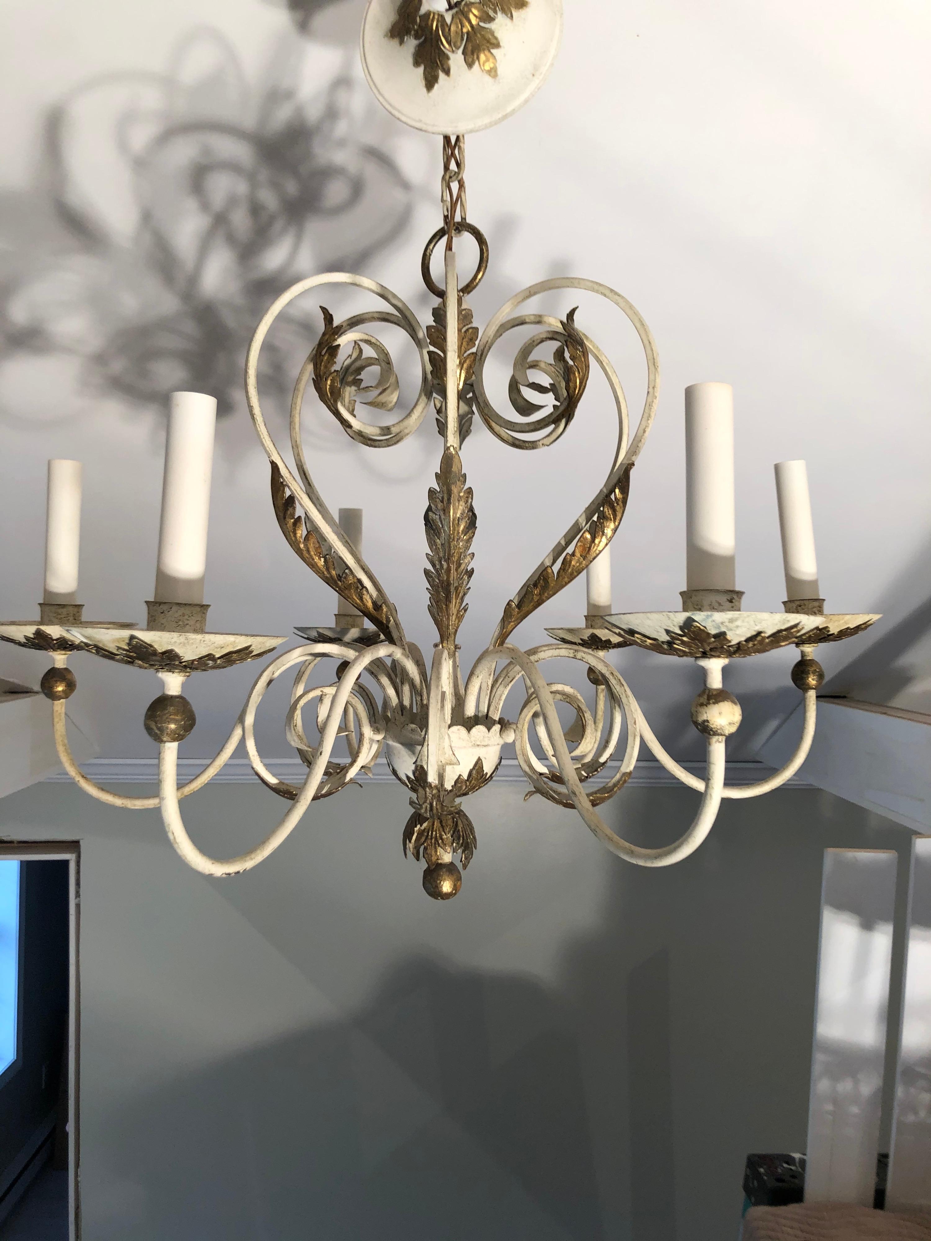 Shabby Chic White and Gold Washed Chandelier For Sale 1