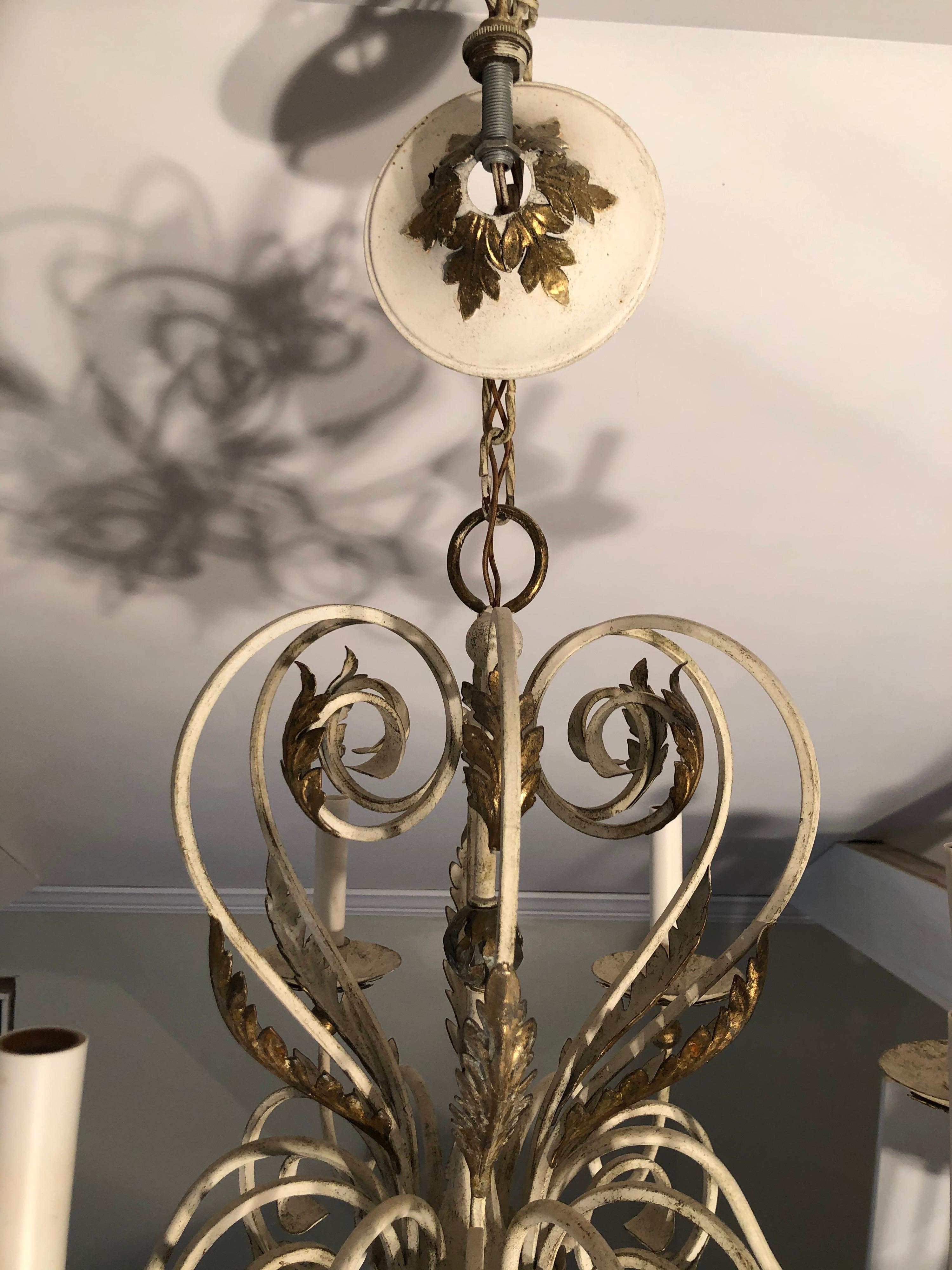 Shabby Chic White and Gold Washed Chandelier For Sale 3