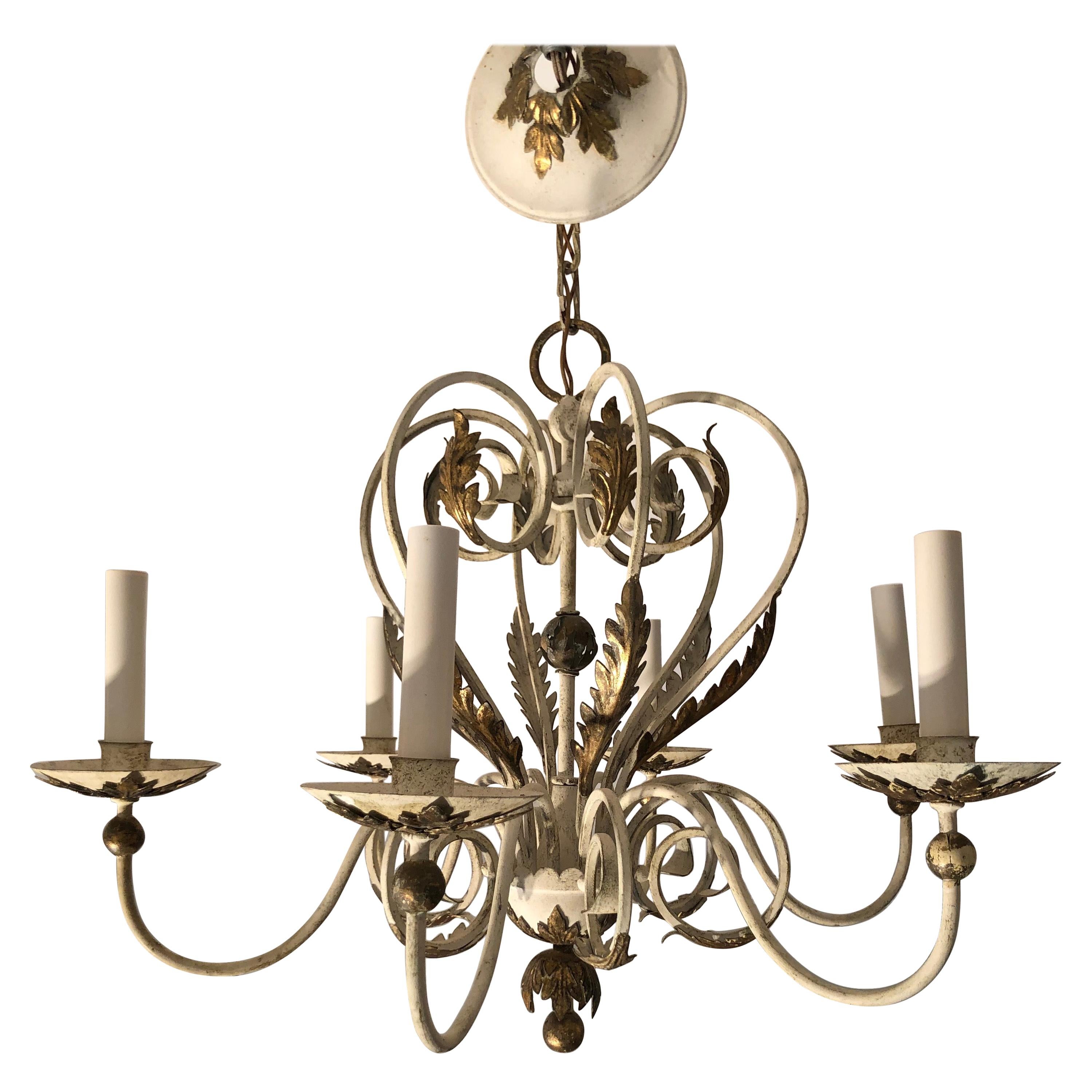 Shabby Chic White and Gold Washed Chandelier For Sale