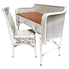 Shabby Chic White Wicker Mahogany Top Writing Secretary Desk w/ Chair
