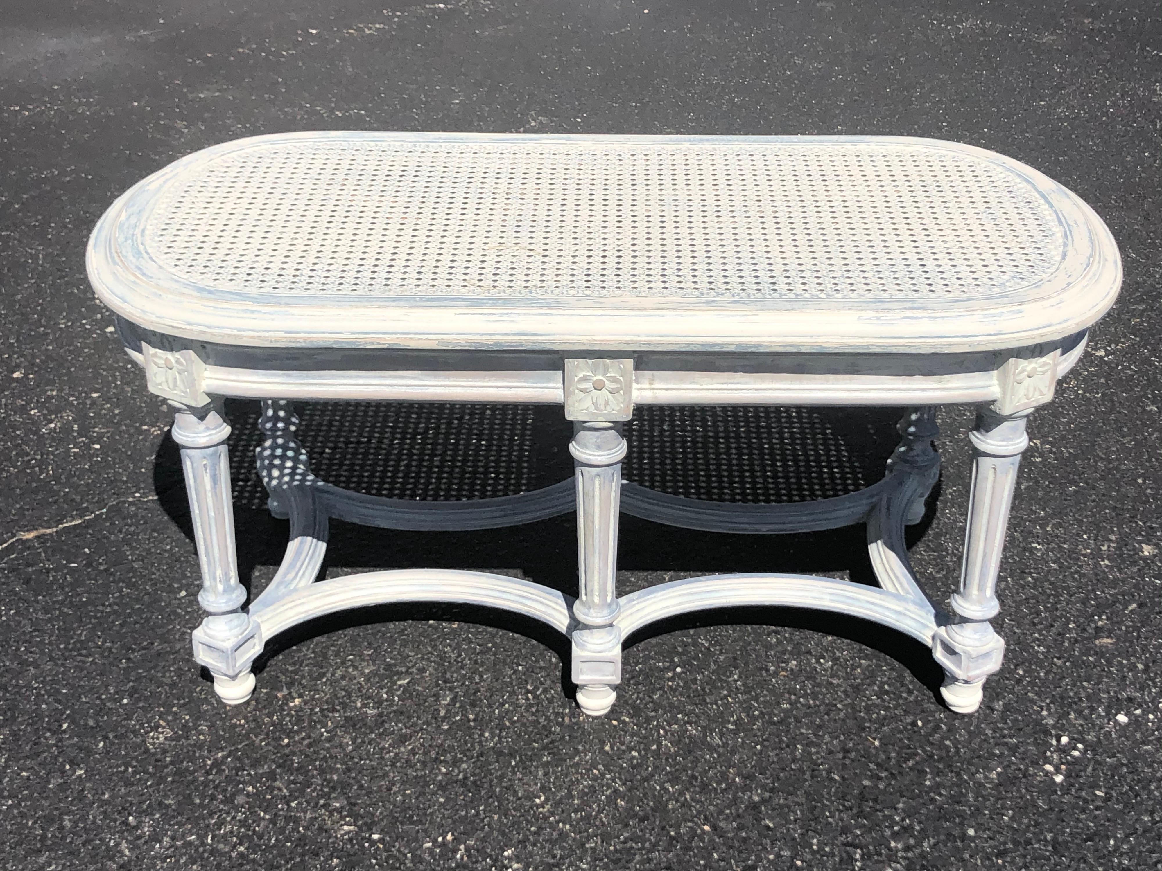 French Provincial Shabby Chic Whitewashed Cane Bench