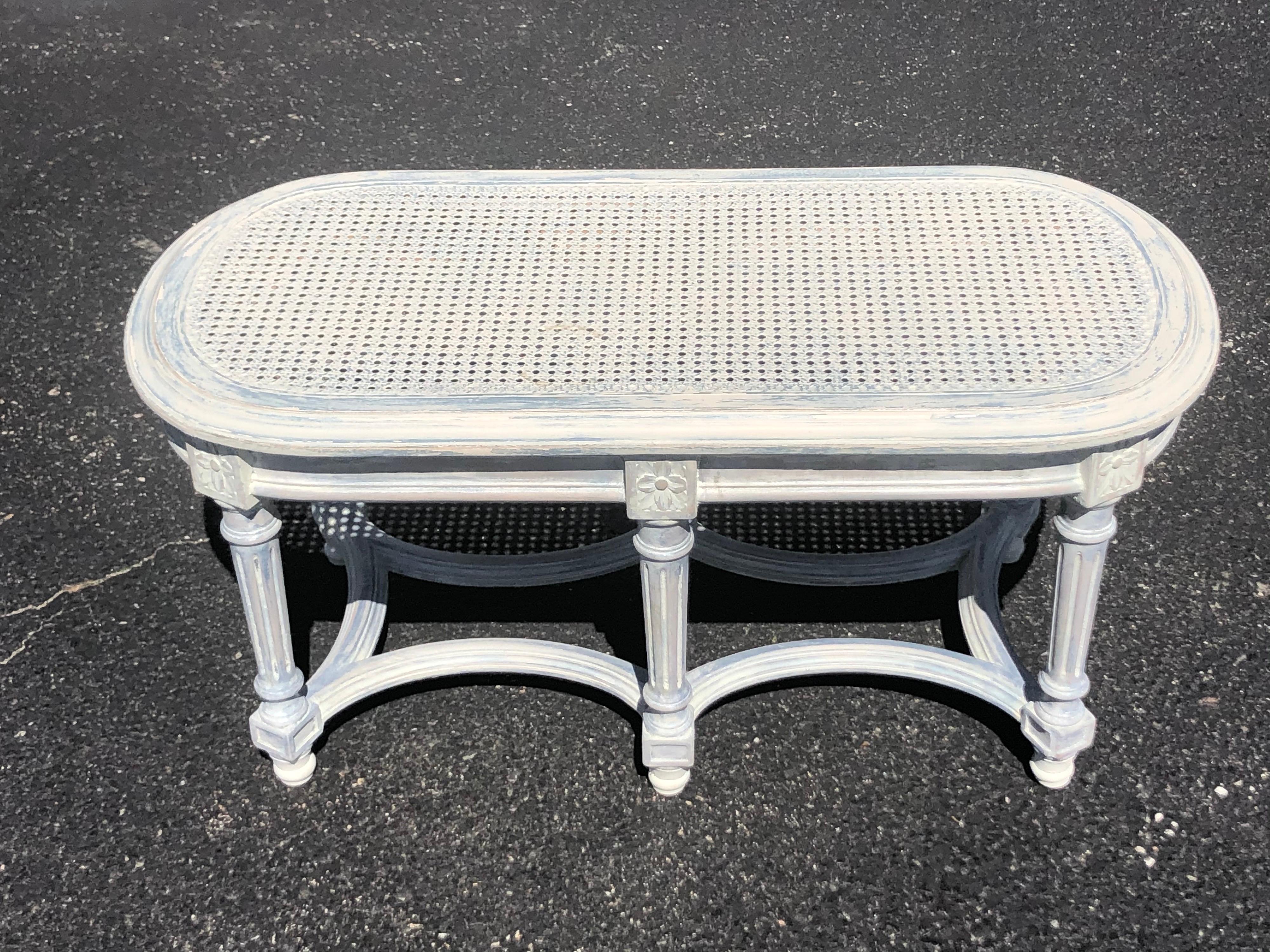 Shabby Chic Whitewashed Cane Bench In Good Condition In Redding, CT