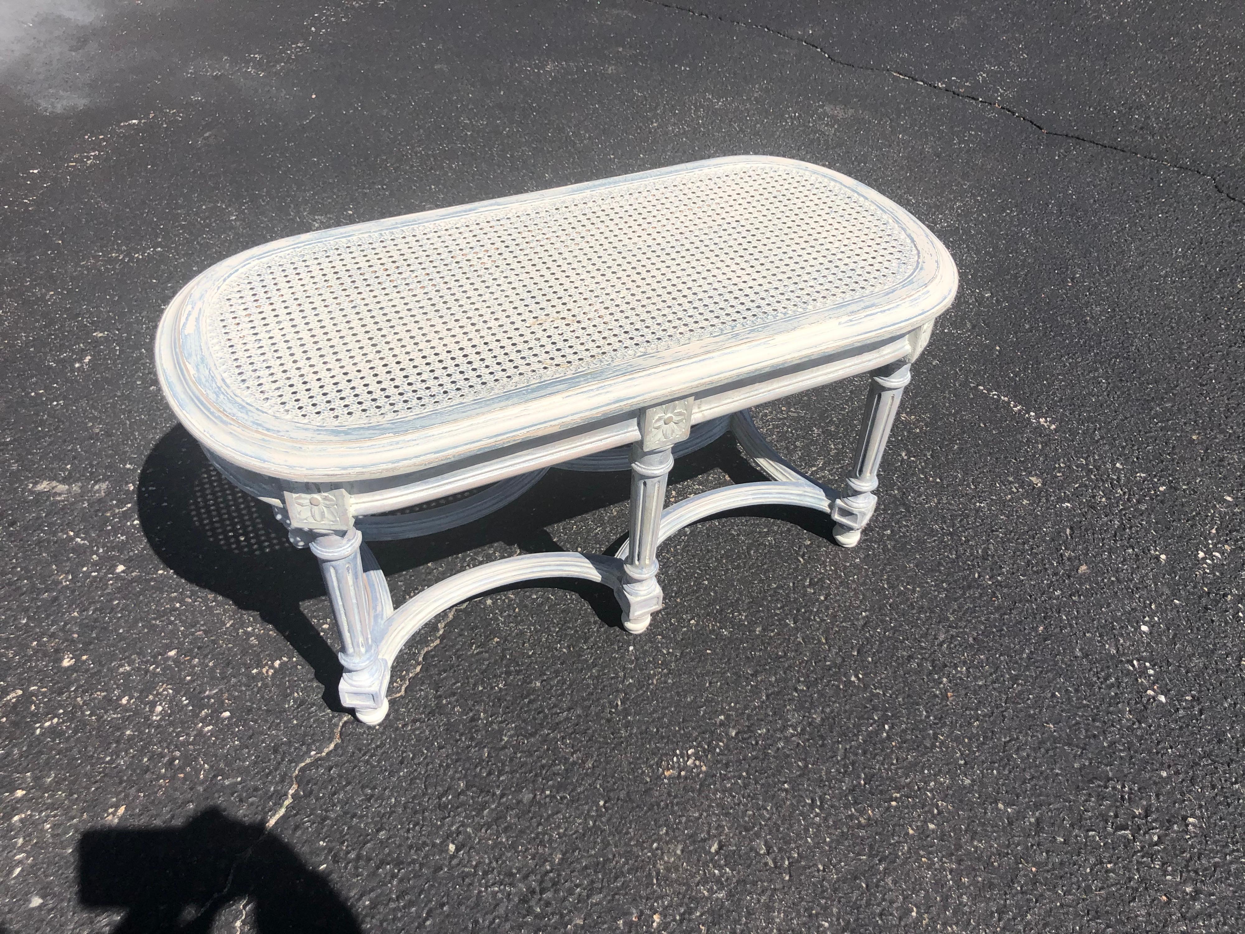 Wood Shabby Chic Whitewashed Cane Bench