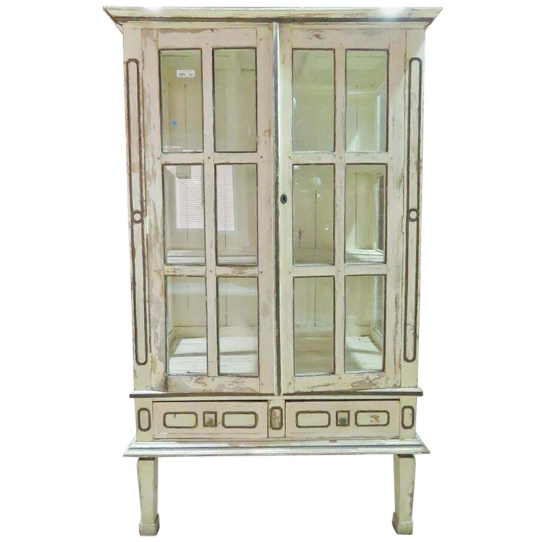 Shabby Chippy White Painted Antique 1840s Era Gustavian Swedish China Cabinet