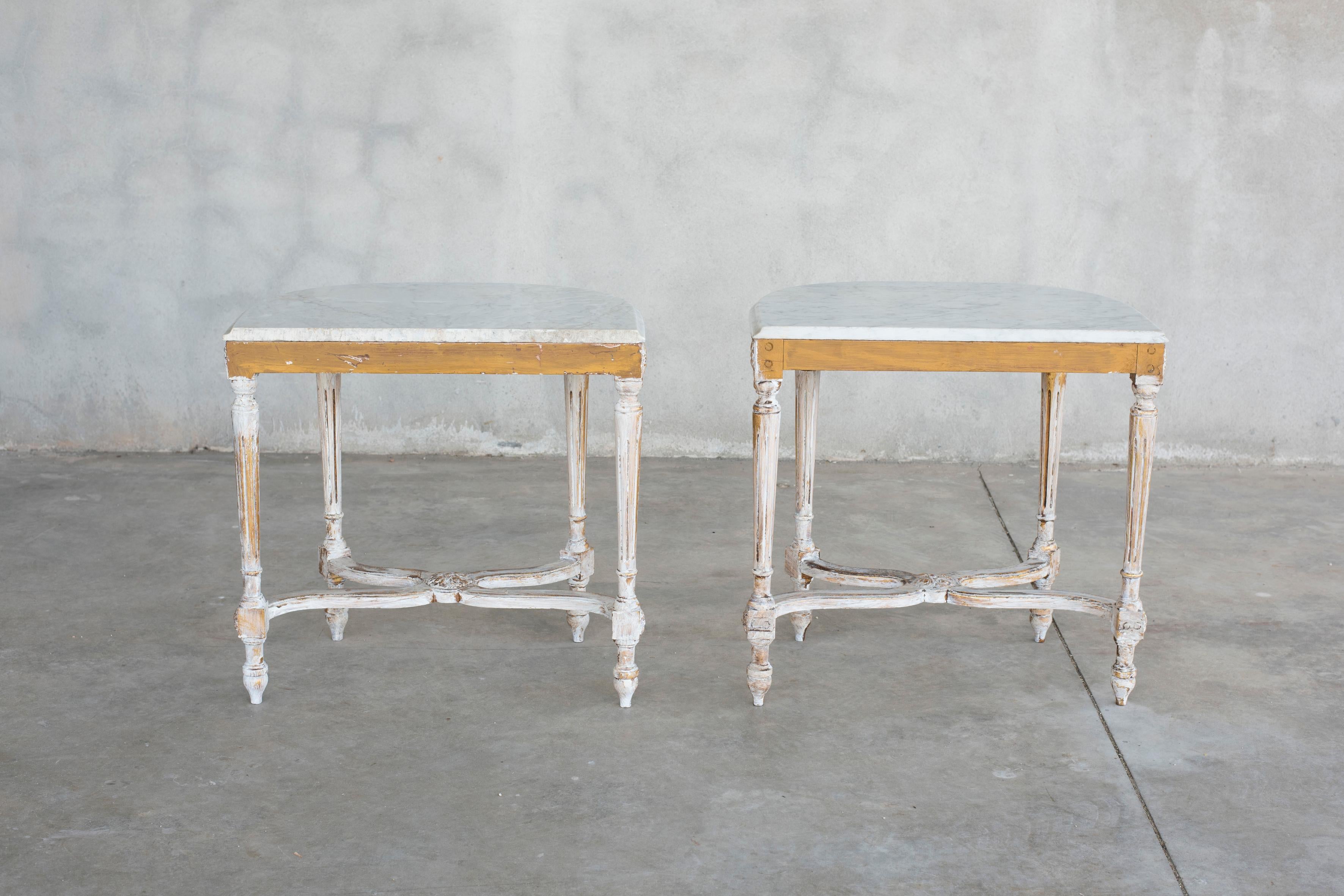 European Shabby Effect Console Tables White Carrara Marble Top Louis XVI Style