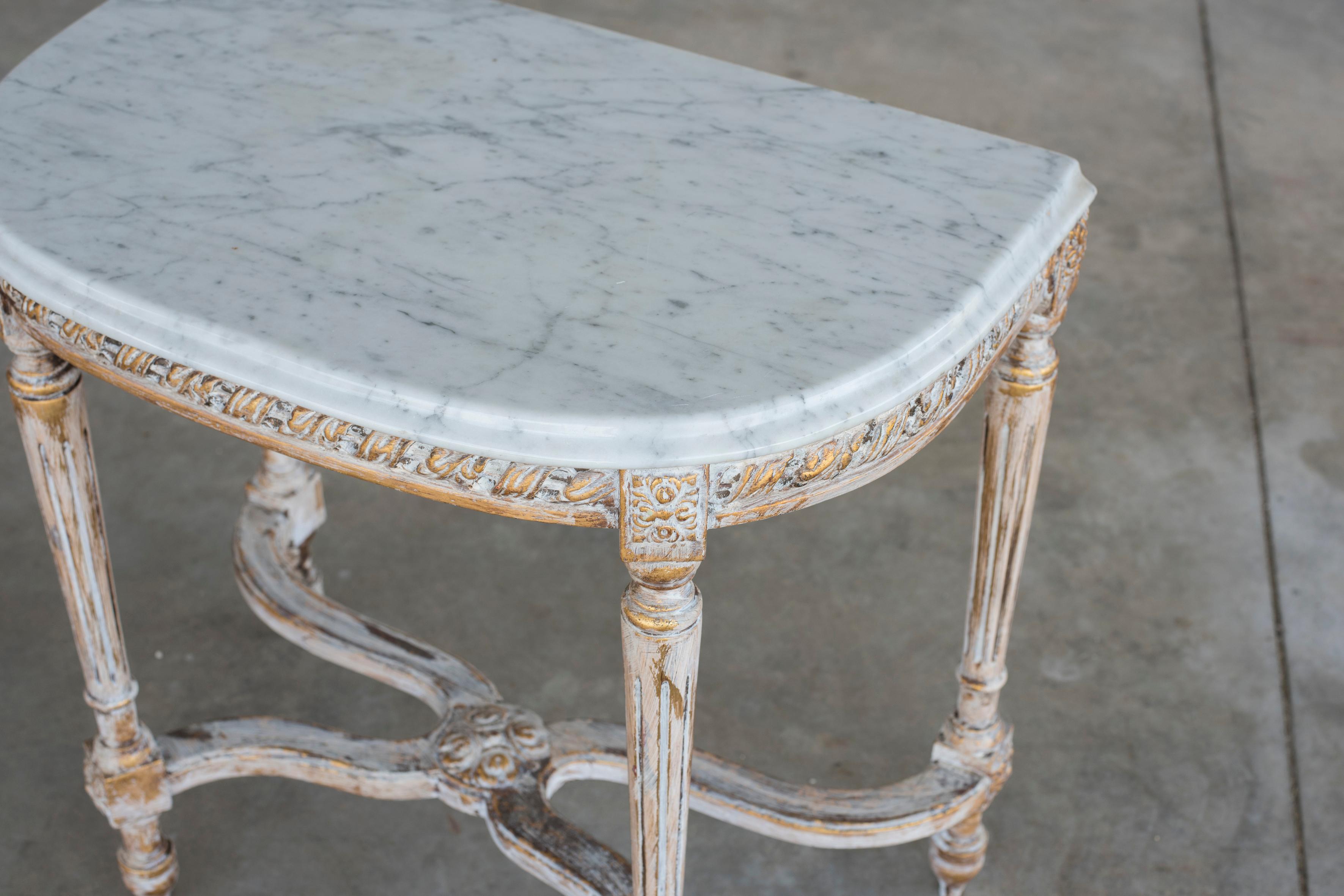 20th Century Shabby Effect Console Tables White Carrara Marble Top Louis XVI Style