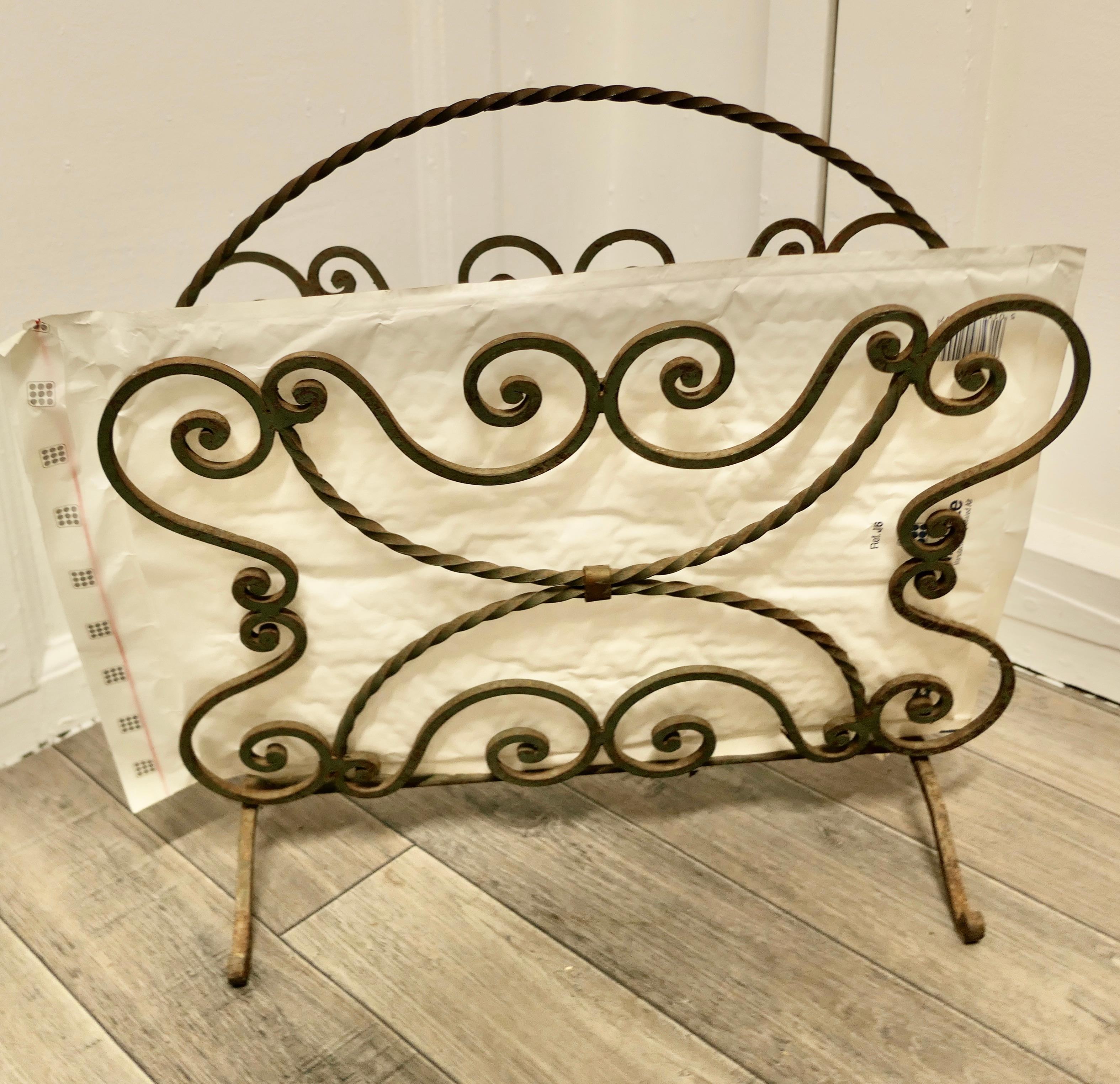 Arts and Crafts Shabby Green Wrought Iron Magazine Rack For Sale