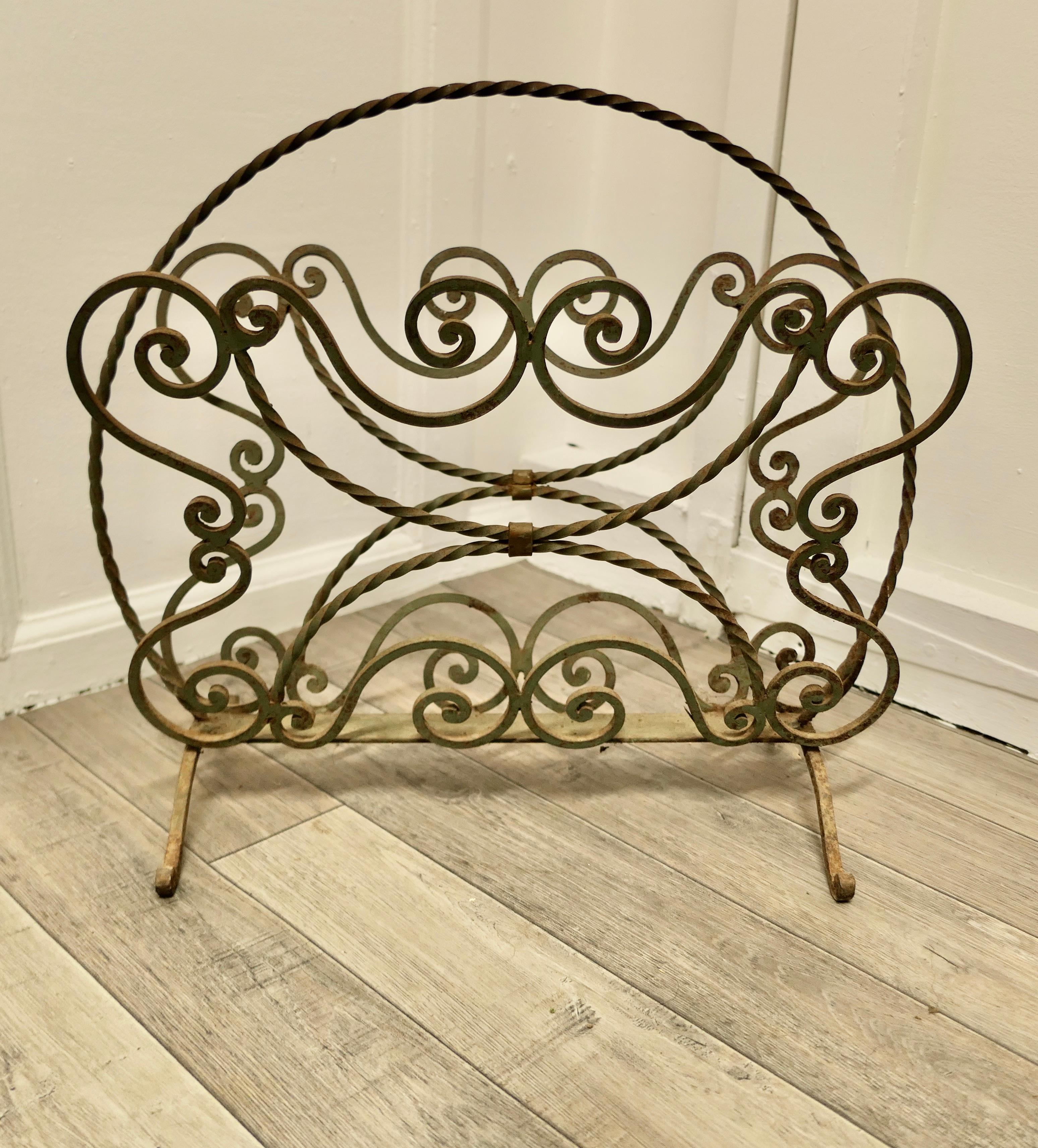 Shabby Green Wrought Iron Magazine Rack For Sale 1