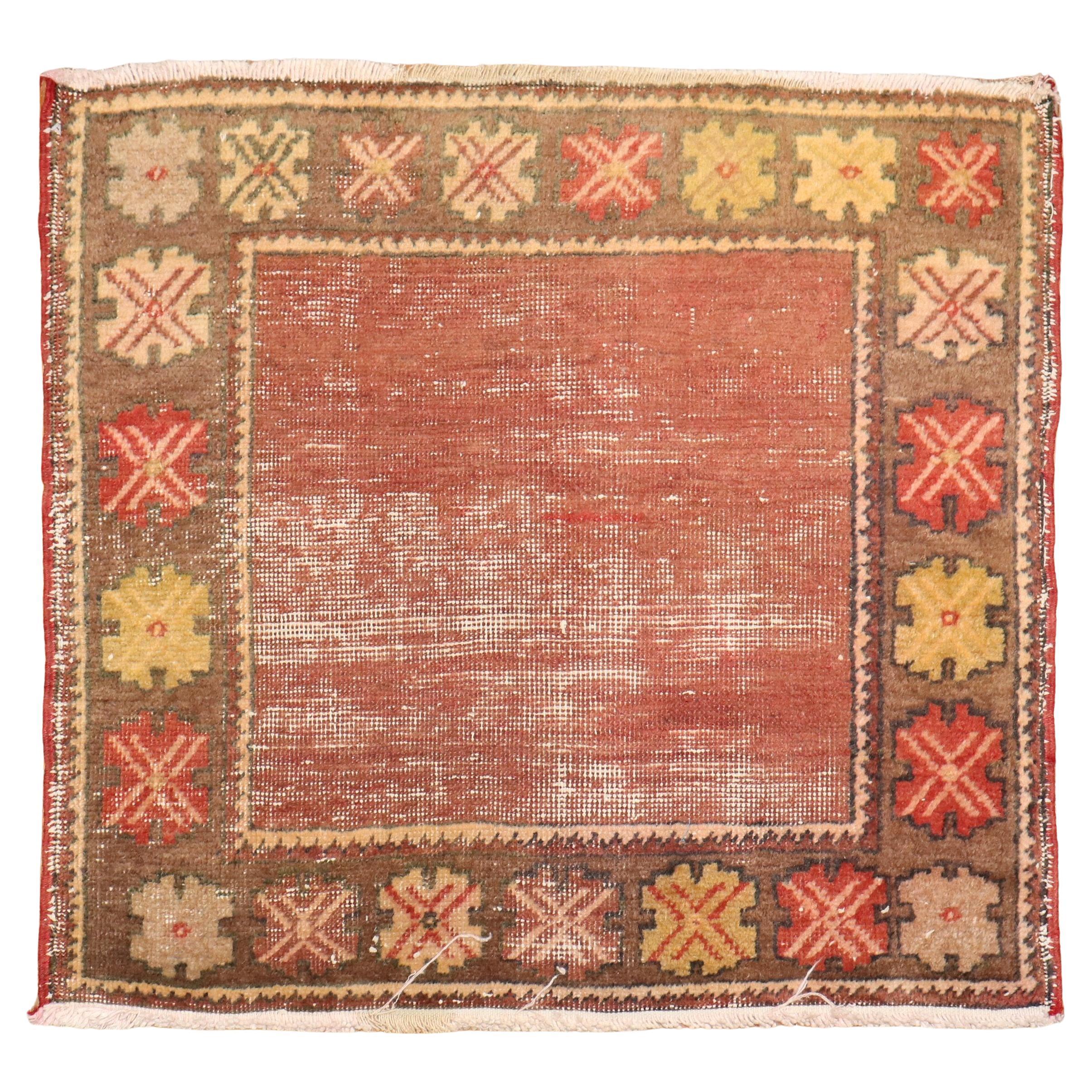Zabihi Collection Brown Color Open Field Turkish Anatolian Square Mini Rug For Sale
