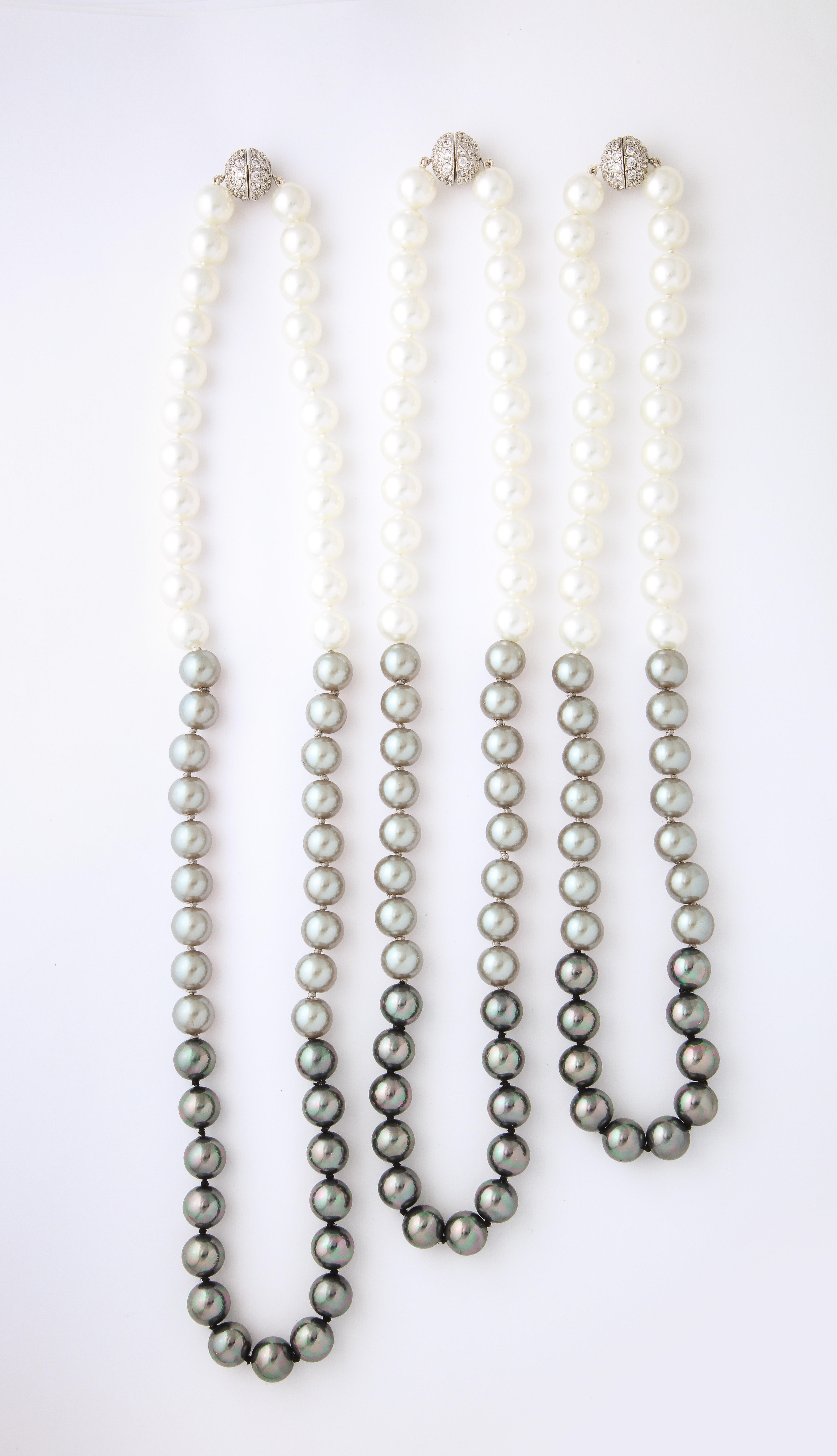 Stunning 3 Single Rows Shaded 10MM South Sea Faux Pearls Necklace Mint Never Worn CZ Set Sterling Ball Clasps Can Be Worn As You Like-One, Two, Three. Stunning Chic Look
24inch, 26inch and 28inch