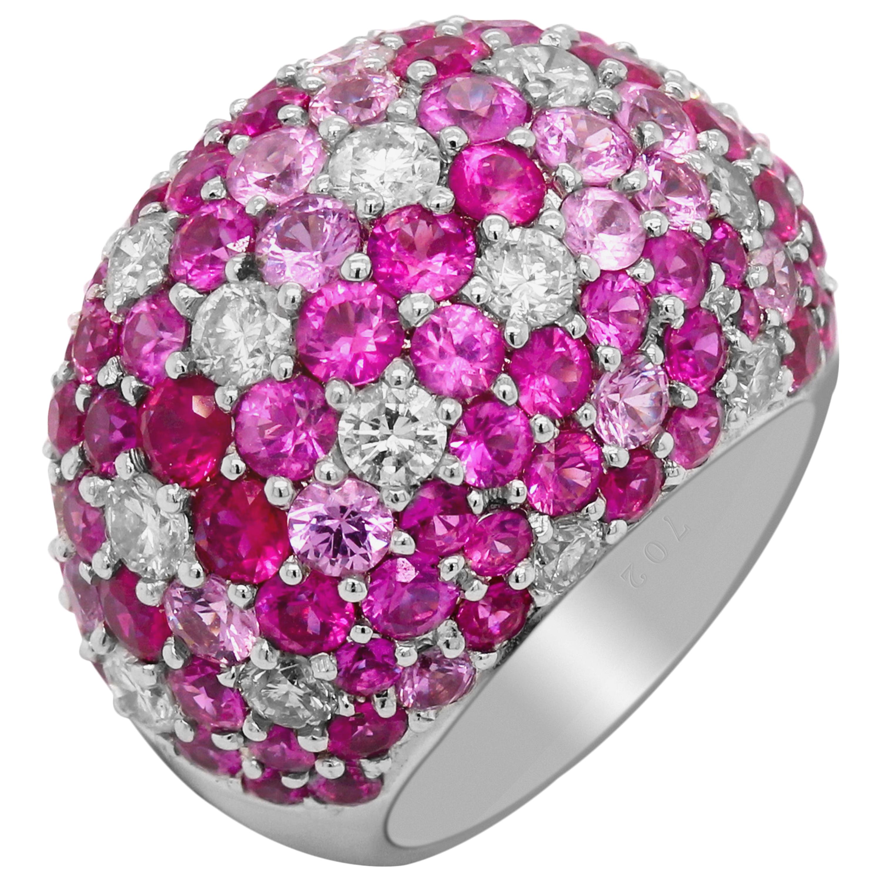 Shaded Pink Sapphires Diamonds 18 Karat White Gold Dome Ring For Sale