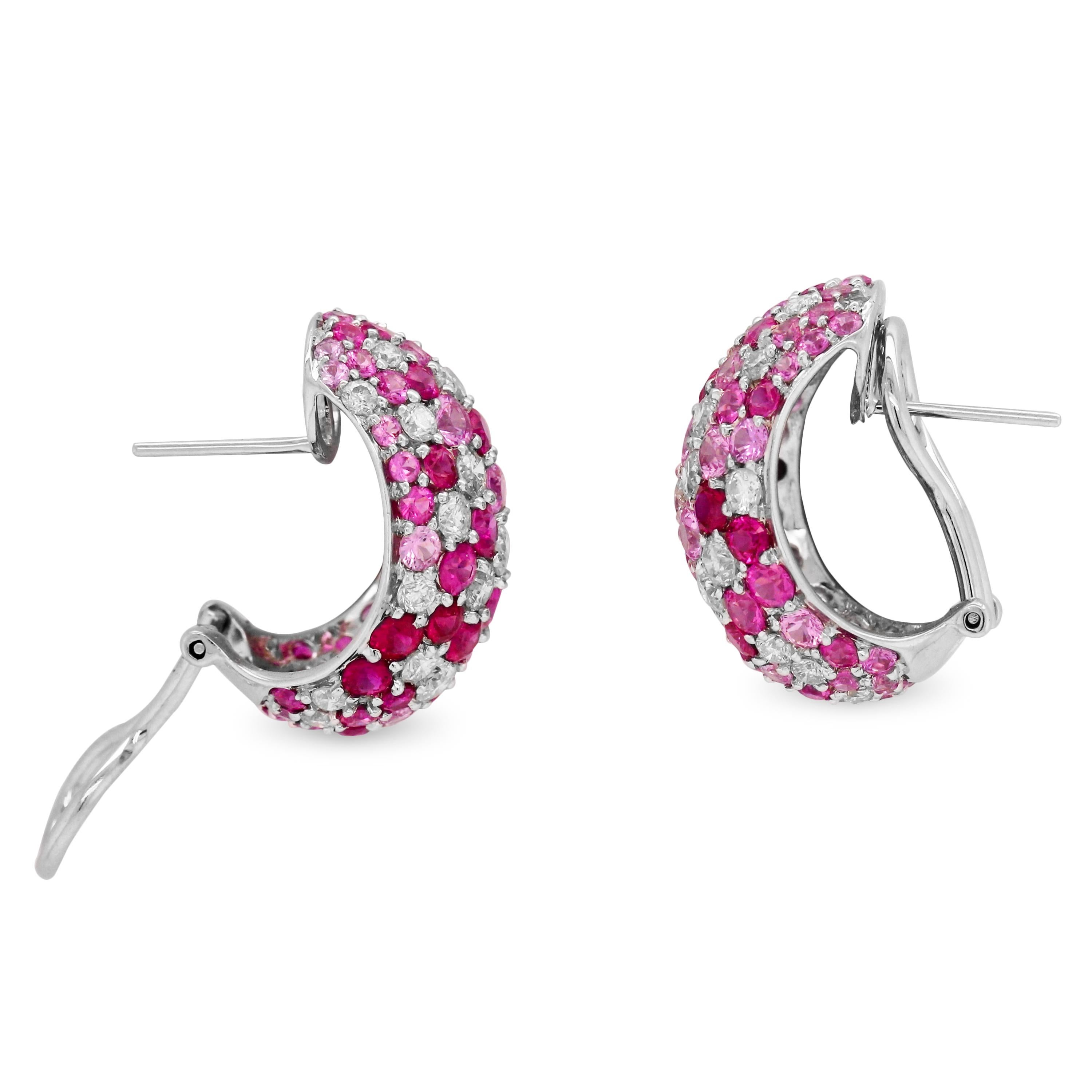 Contemporary Shaded Pink Sapphires Diamonds 18 Karat White Gold Earrings For Sale