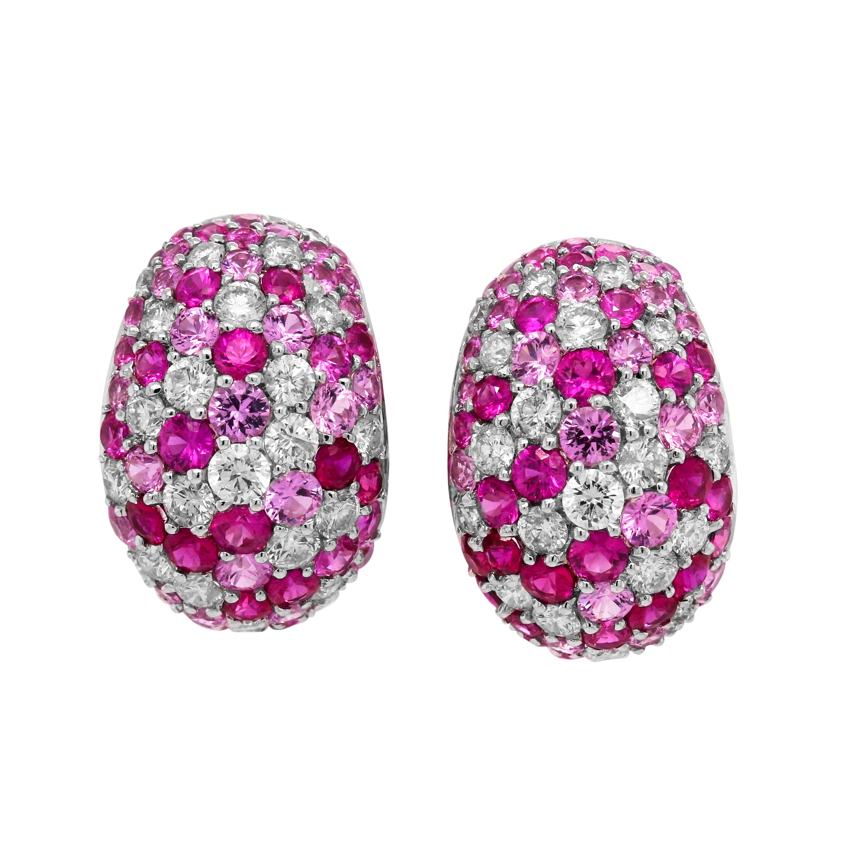 Round Cut Shaded Pink Sapphires Diamonds 18 Karat White Gold Earrings For Sale