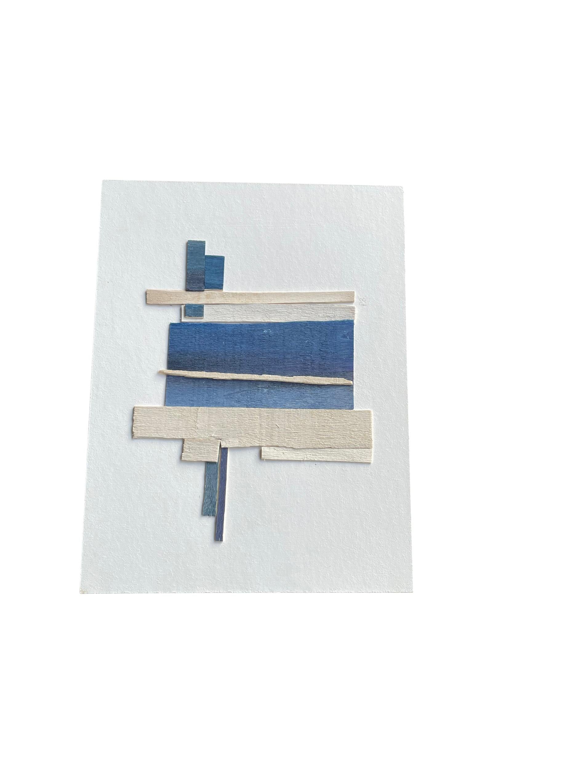 Contemporary French artist Perrine Blaise paints on thin slices of wood.
Weathered effect.
Shades of blue and cream.
Abstract shapes.
Framed in white wood.
Signed by the artist.
Coordinates well with P1444.
