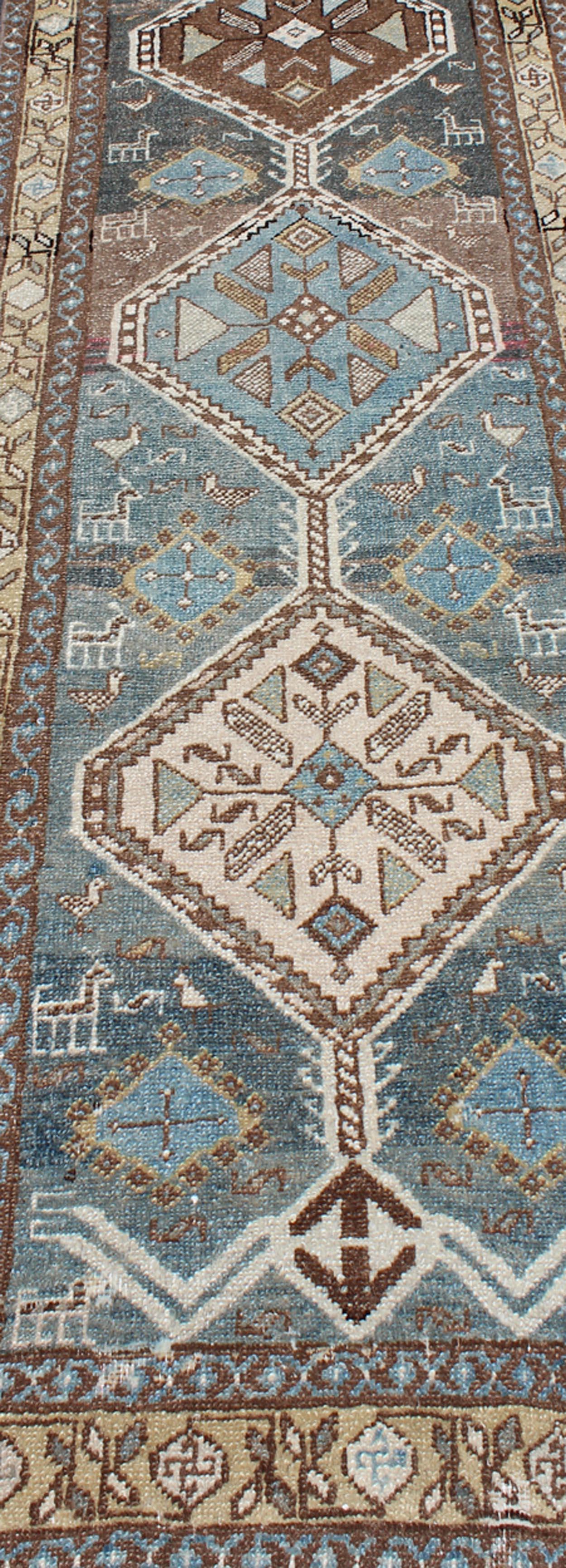 Shades of Blue and Gray Antique Persian Heriz Long Runner with Geometric Design For Sale 4