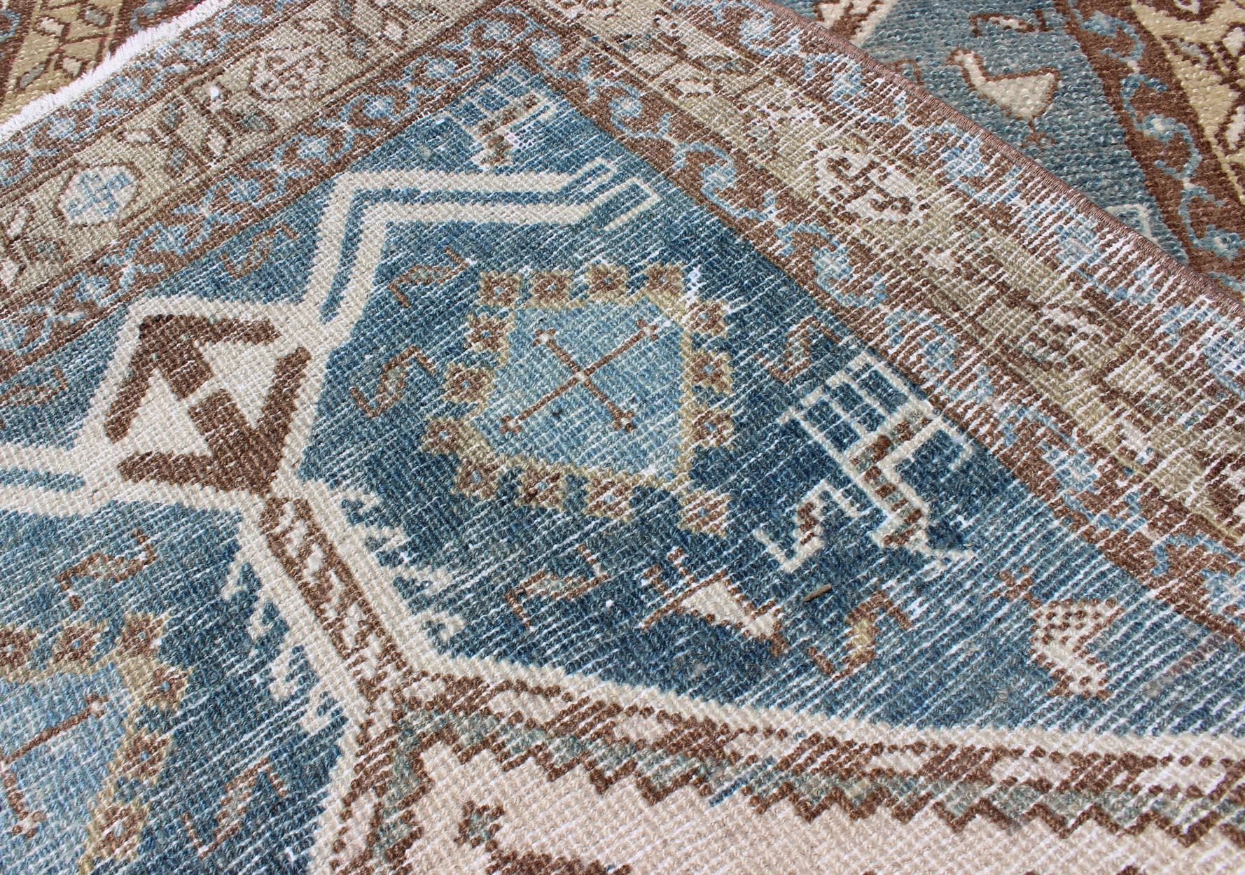 Shades of Blue and Gray Antique Persian Heriz Long Runner with Geometric Design For Sale 6