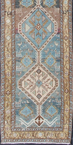 Antique Persian Heriz Runner With a Series of Geometric Medallions in Sky Blue