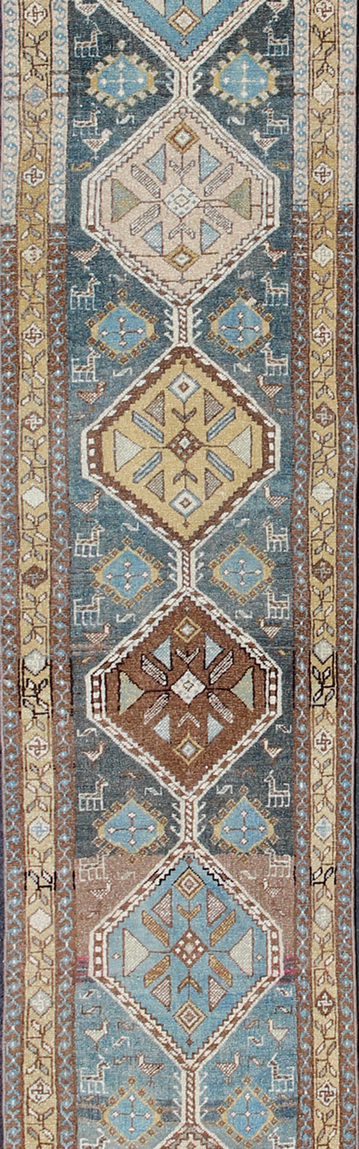 Heriz Serapi Shades of Blue and Gray Antique Persian Heriz Long Runner with Geometric Design For Sale
