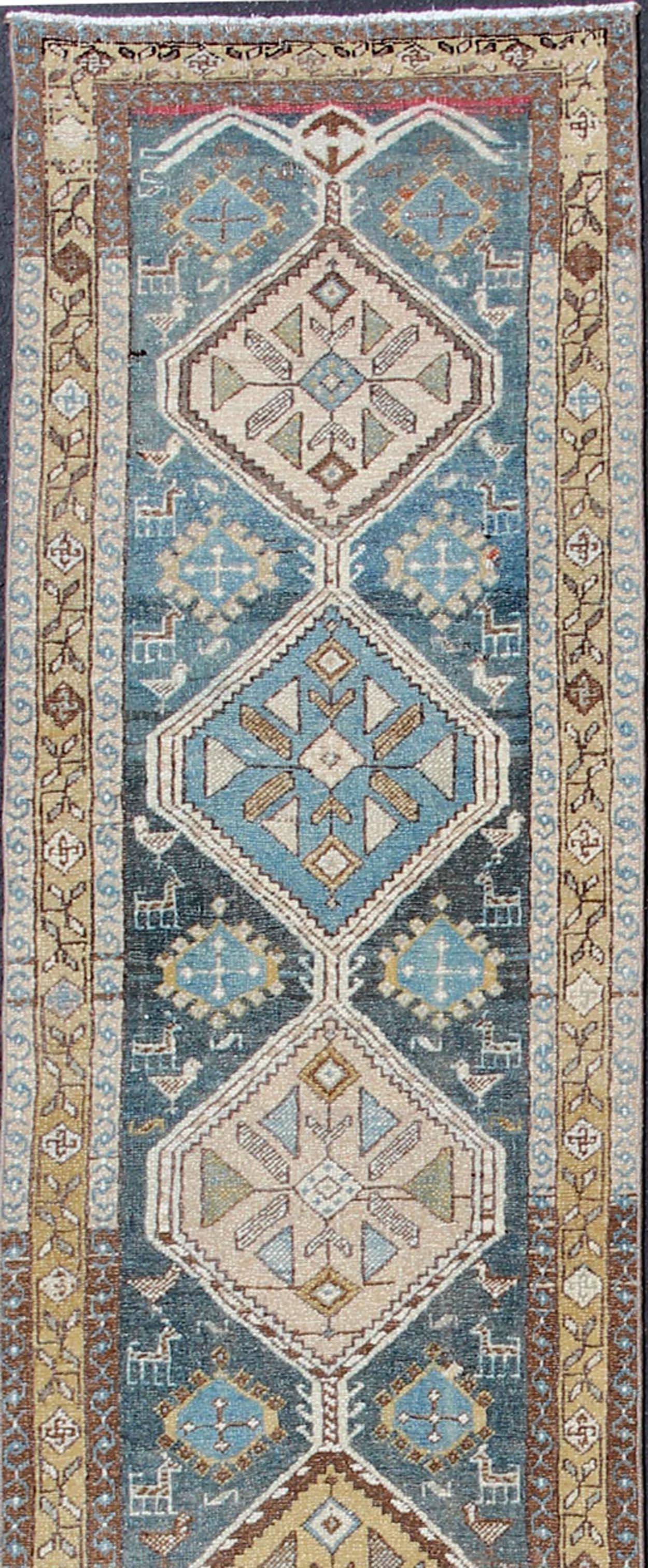 Hand-Knotted Shades of Blue and Gray Antique Persian Heriz Long Runner with Geometric Design For Sale
