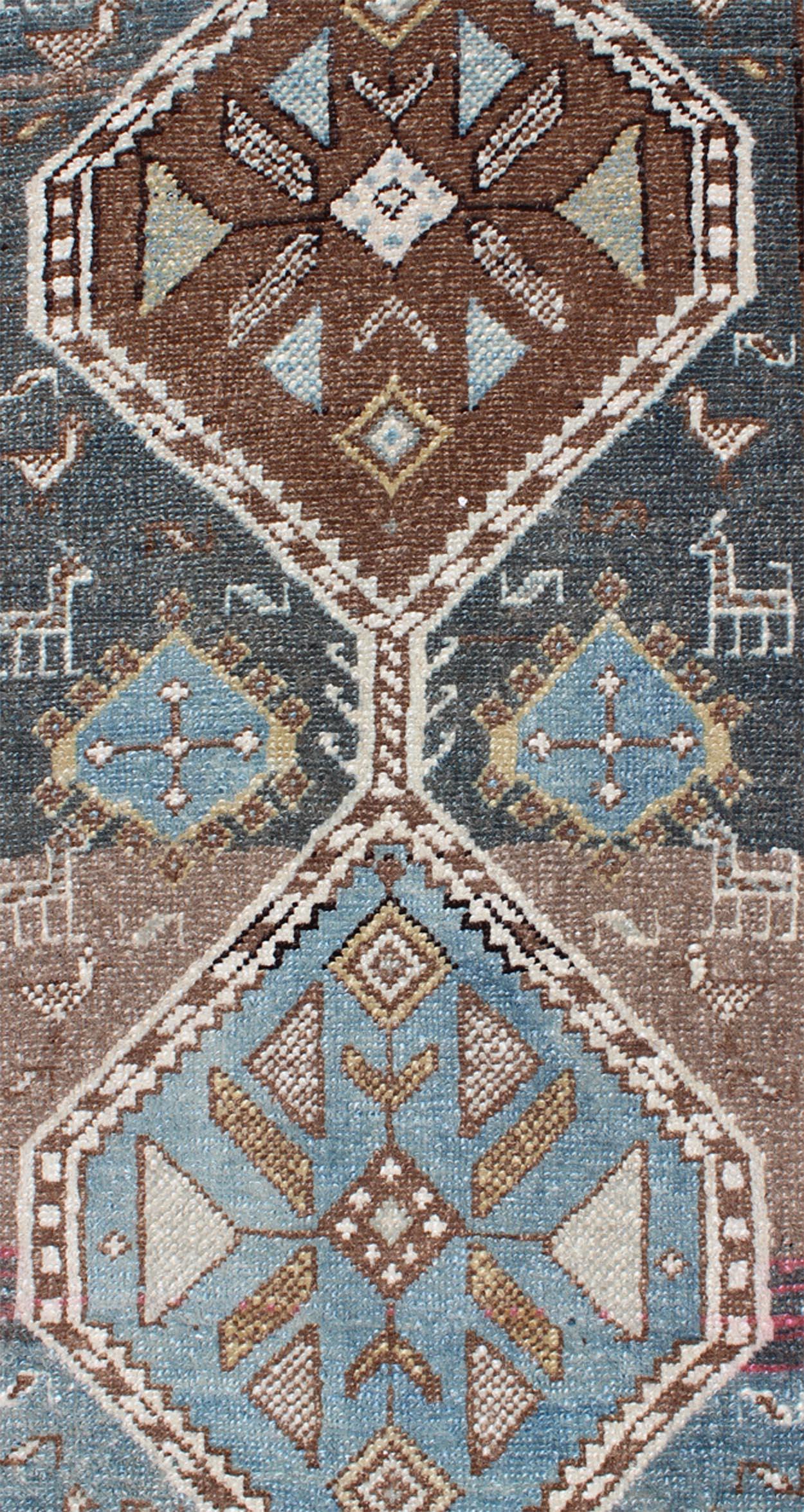 Shades of Blue and Gray Antique Persian Heriz Long Runner with Geometric Design For Sale 1