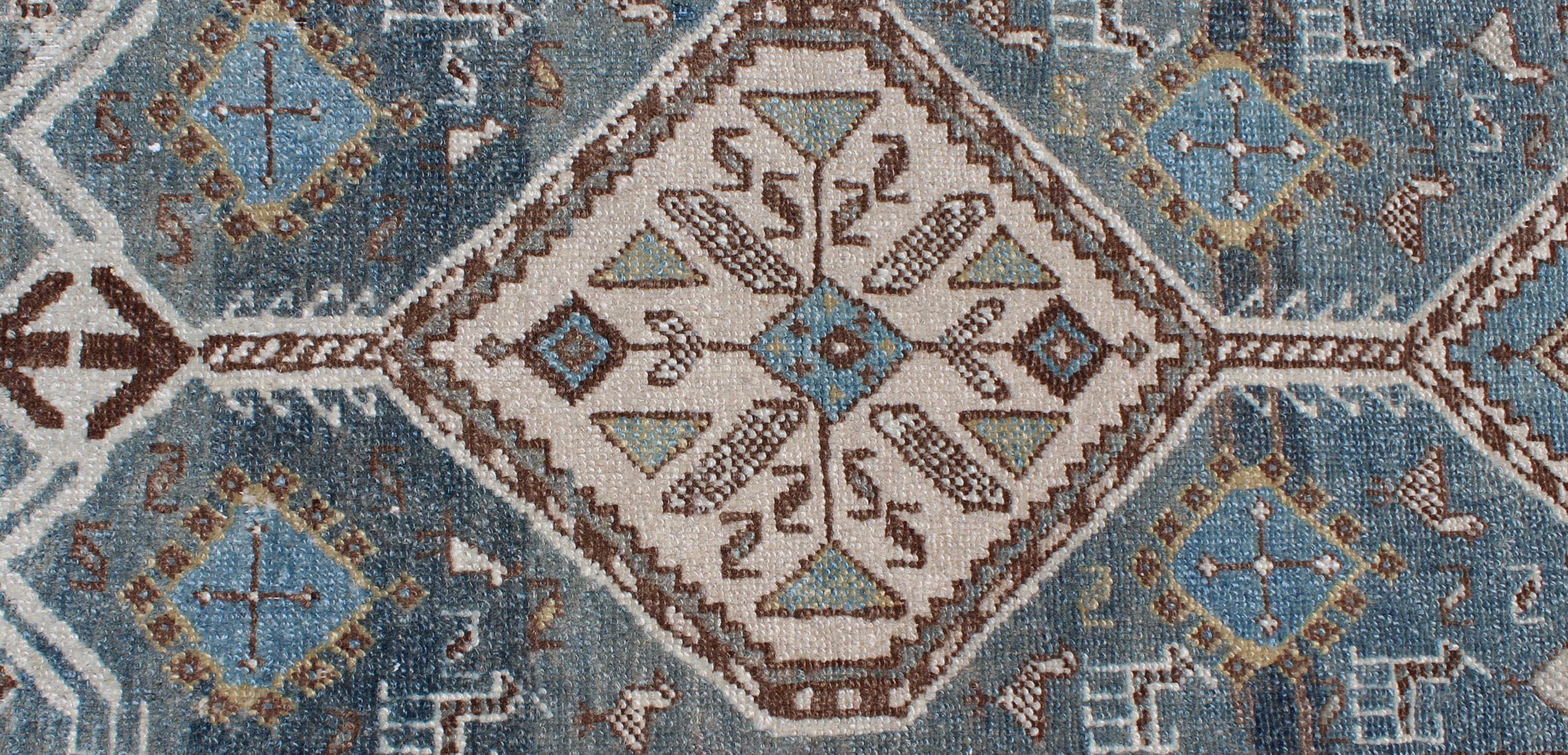 Shades of Blue and Gray Antique Persian Heriz Long Runner with Geometric Design For Sale 2