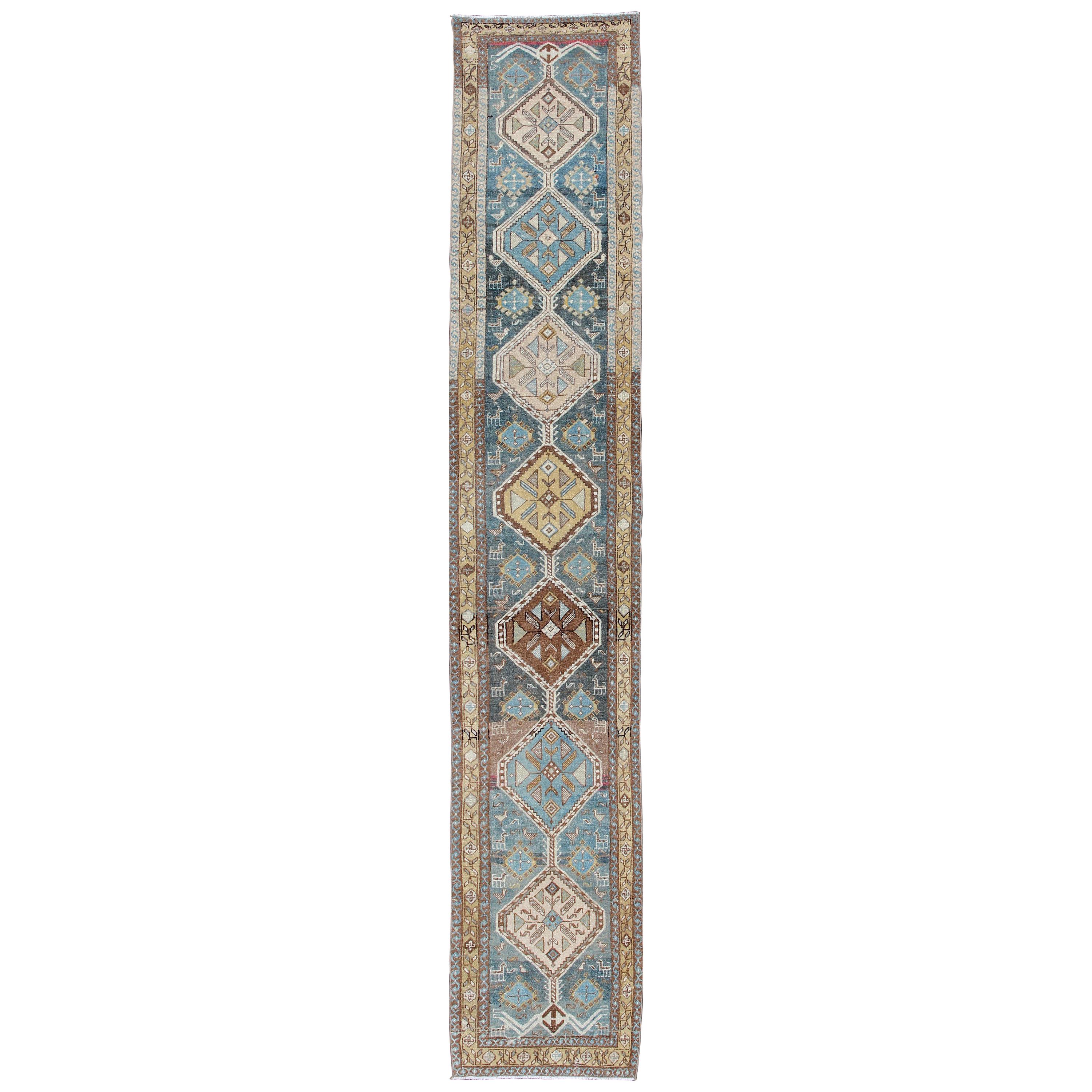 Shades of Blue and Gray Antique Persian Heriz Long Runner with Geometric Design For Sale