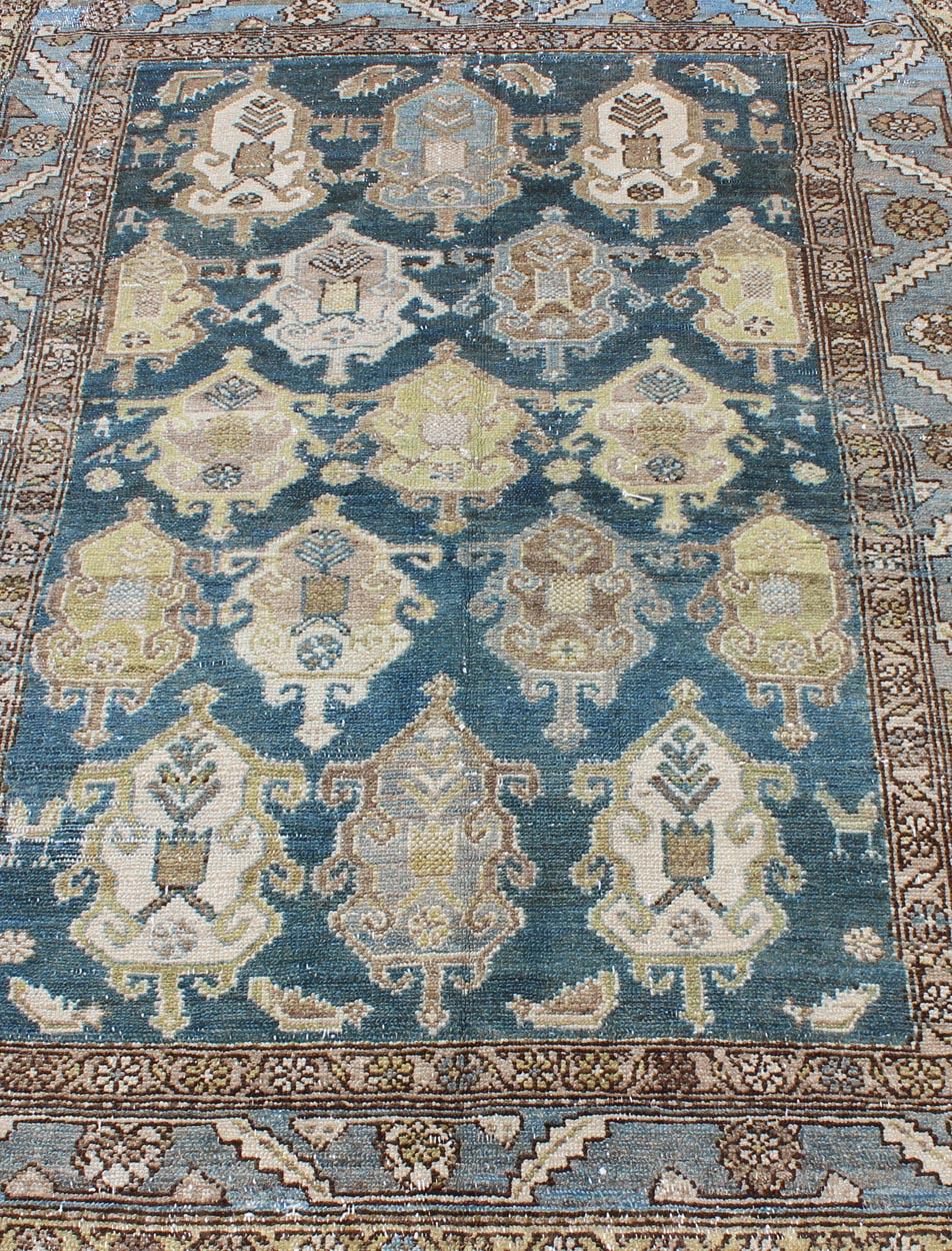 Shades of Blue and Ivory Antique Persian Fine Malayer Rug, Large Scale Design For Sale 4