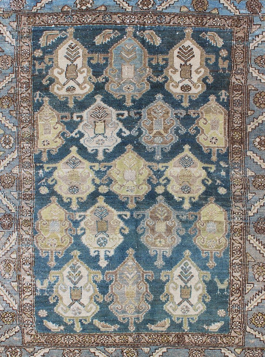Hand-Knotted Shades of Blue and Ivory Antique Persian Fine Malayer Rug, Large Scale Design For Sale