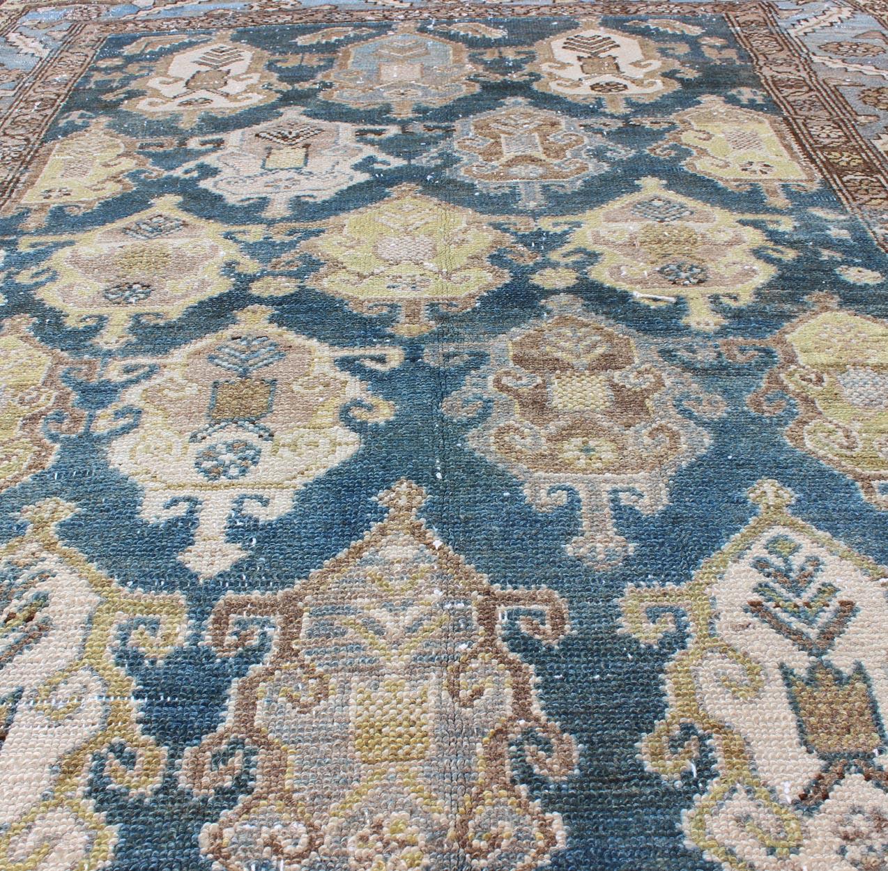 Wool Shades of Blue and Ivory Antique Persian Fine Malayer Rug, Large Scale Design For Sale