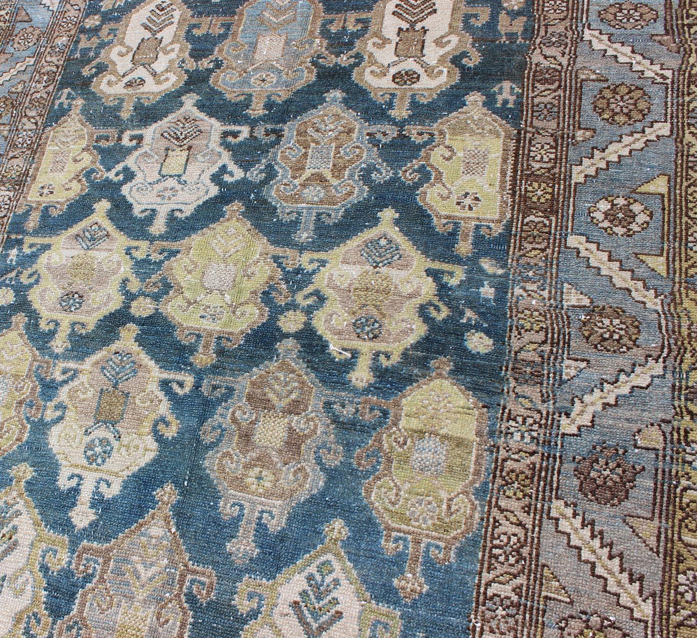 Shades of Blue and Ivory Antique Persian Fine Malayer Rug, Large Scale Design For Sale 3