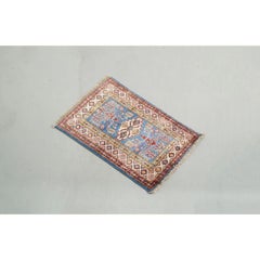 Middle Eastern Blue and Red Mini Wool Kazak Rug