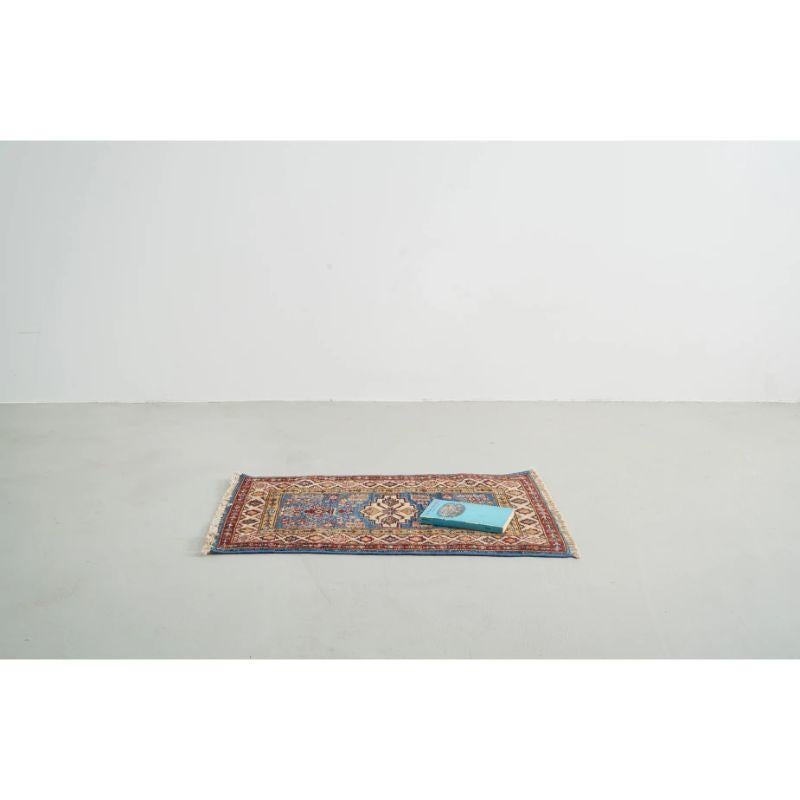 Asian Middle Eastern Blue and Red Mini Wool Kazak Rug For Sale