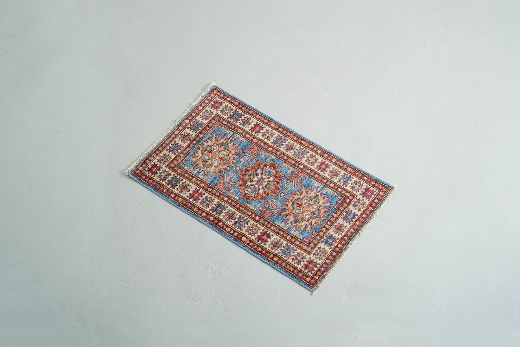 Middle Eastern Blue and Red Mini Wool Kazak Rug In Good Condition For Sale In Brooklyn, NY