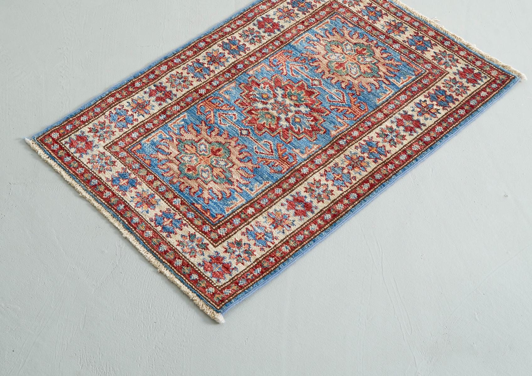 19th Century Middle Eastern Blue and Red Mini Wool Kazak Rug For Sale