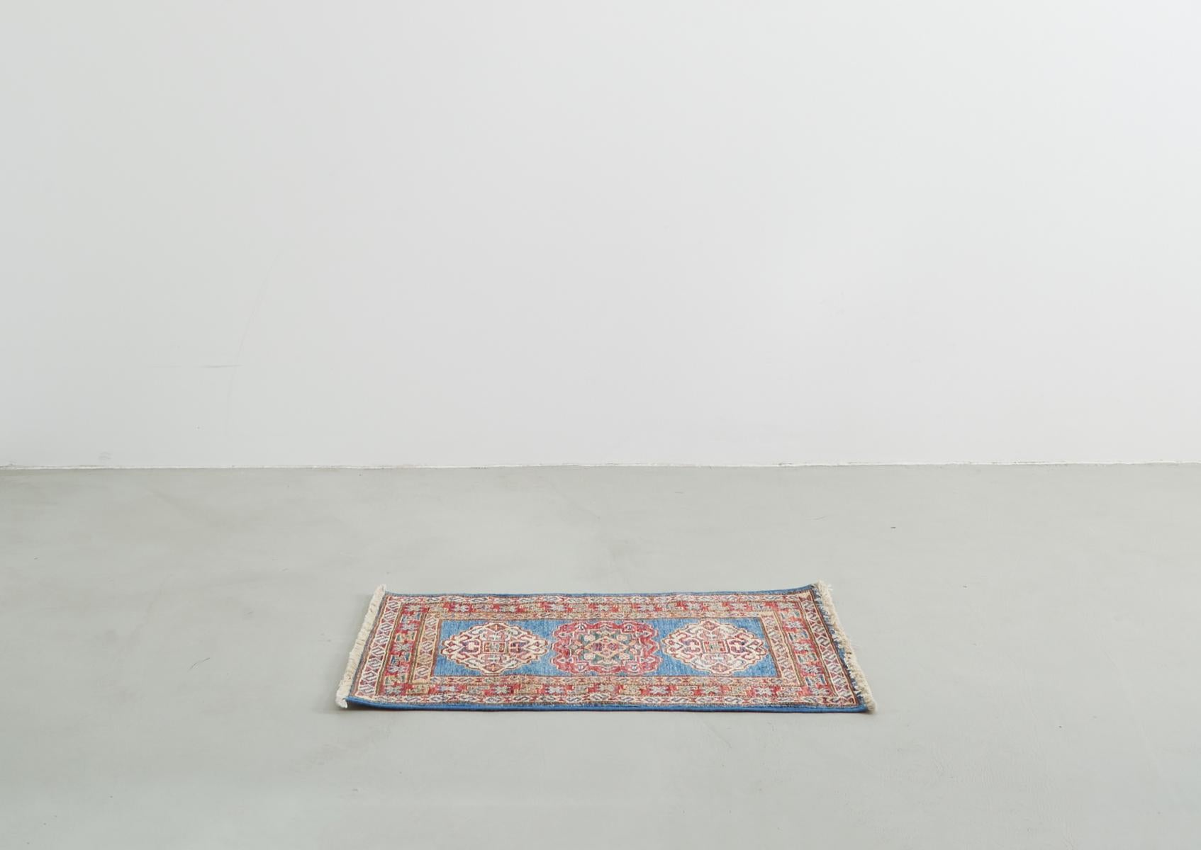 Middle Eastern Blue and Red Mini Wool Kazak Rug For Sale 2