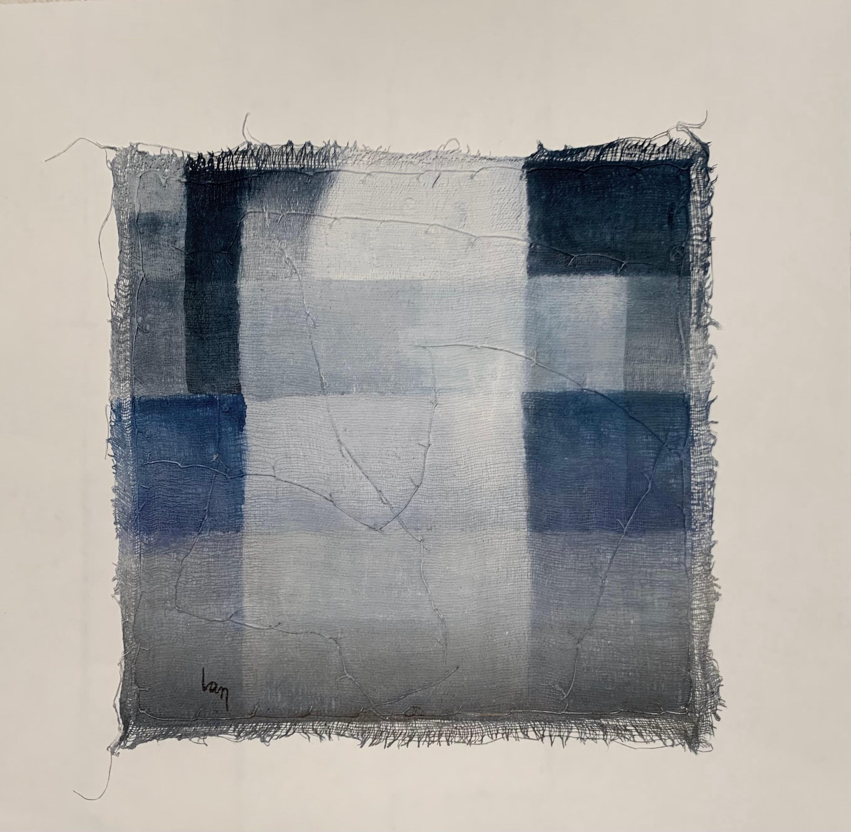 Contemporary Belgian artist Diane Petry creates her own three layer canvas using pima cotton, gauze and fine paper.
Colors are shades of blue checkerboard design.
Raw edges and applied threads add texture and dimension to the acrylic
