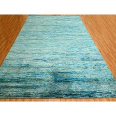 Shades of Blue Plain Design Soft Pile Hand Knotted Pure Sari Silk Oriental Rug