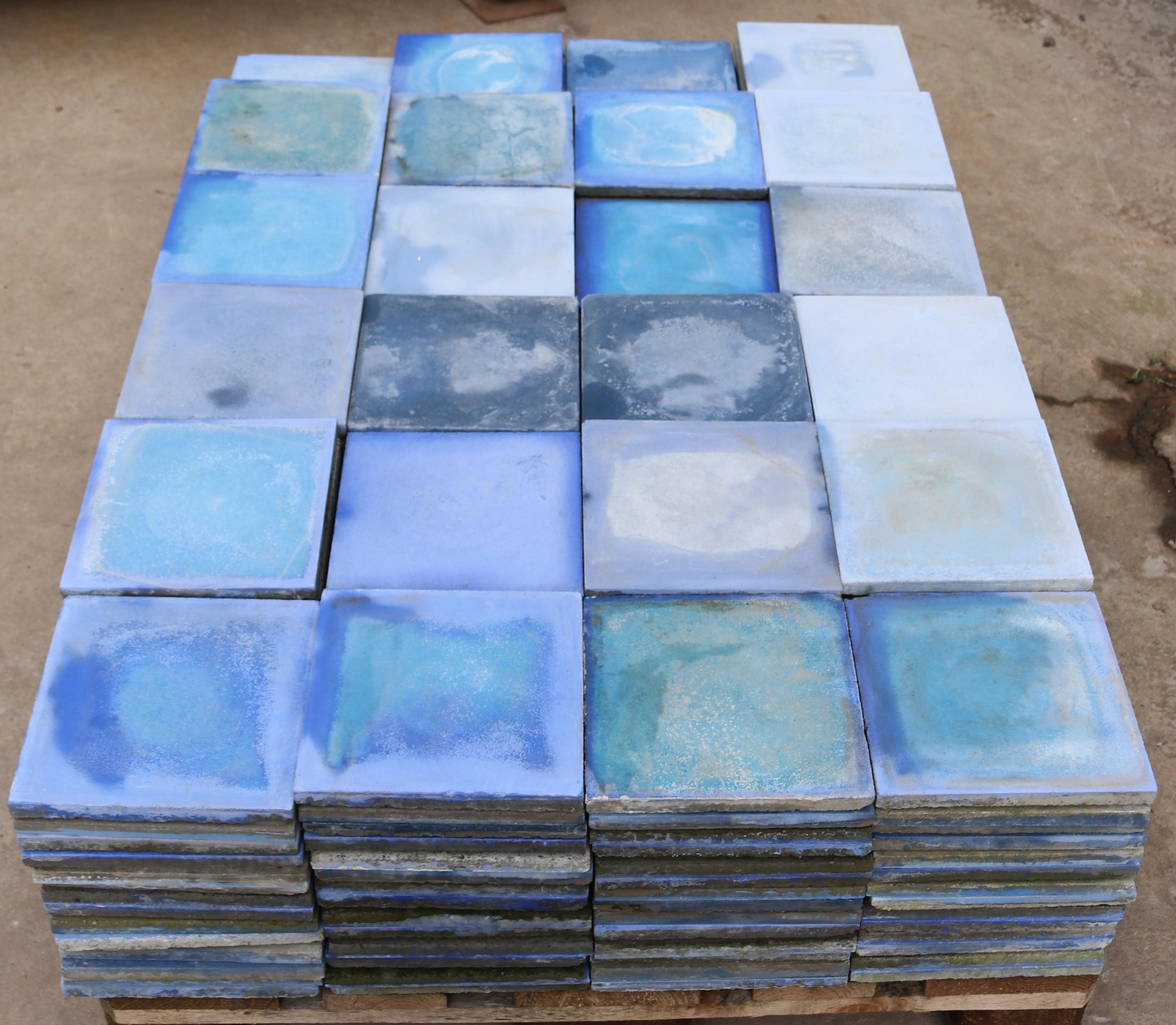 Shades of Blue Reclaimed Cement Floor Tiles In Fair Condition For Sale In Wormelow, Herefordshire