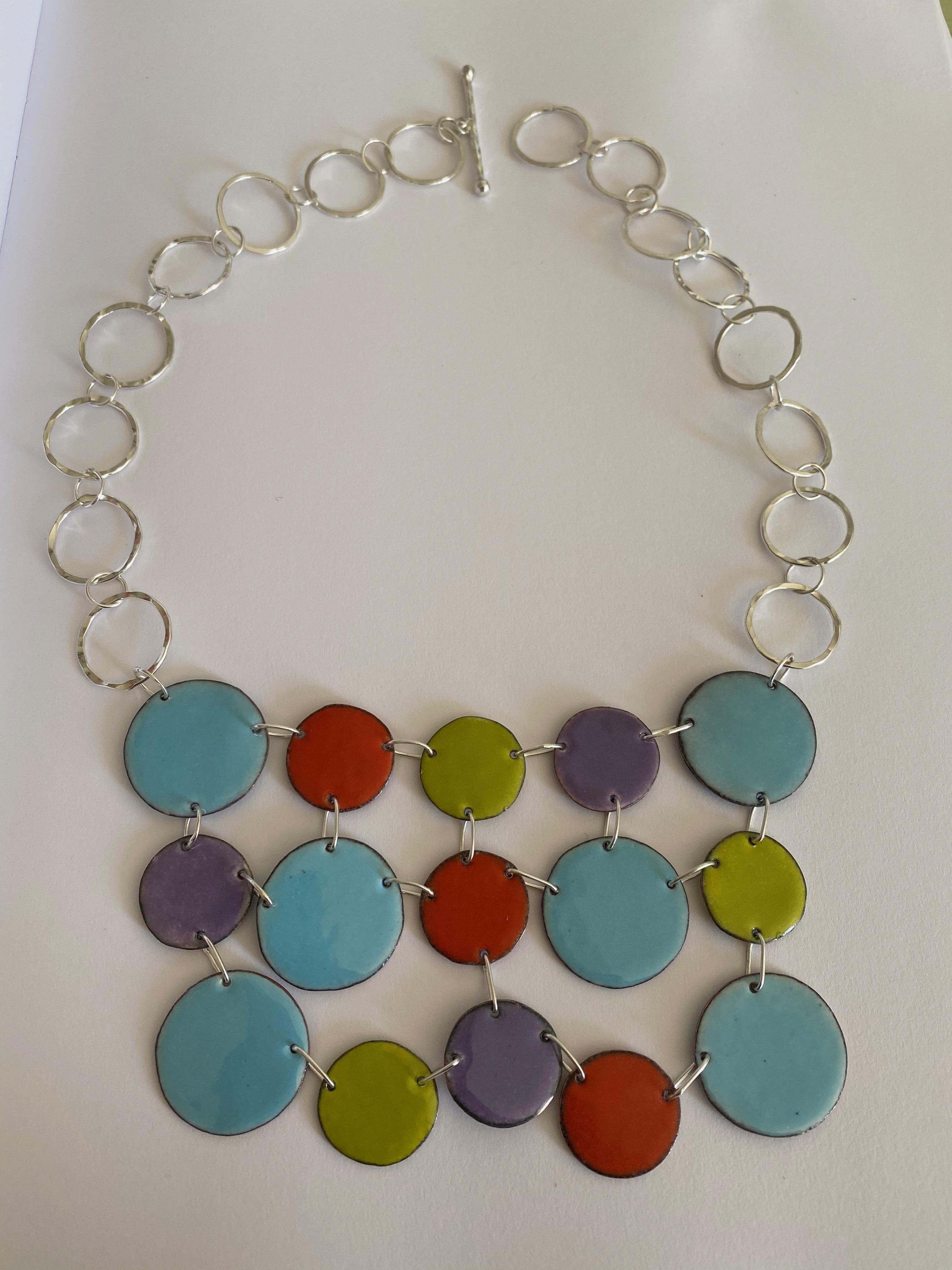 Women's Shades of Blue Sterling Silver Bib Necklace with Enamel Hand painted  Discs. For Sale
