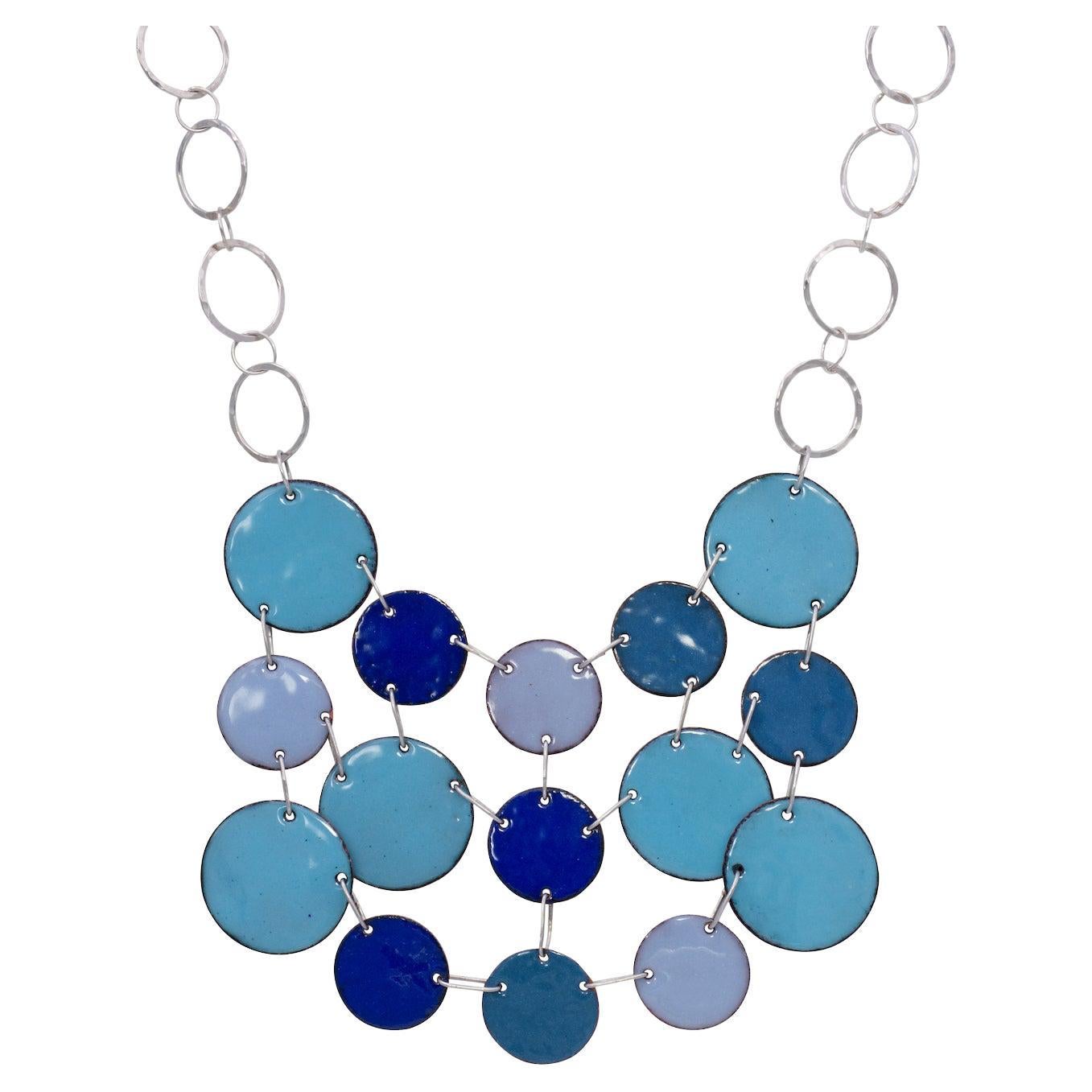 Shades of Blue Sterling Silver Bib Necklace with Enamel Hand painted  Discs. For Sale