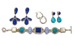 Shades of Blue Sterling Silver Link Bracelet w Three Earring Pair Suite