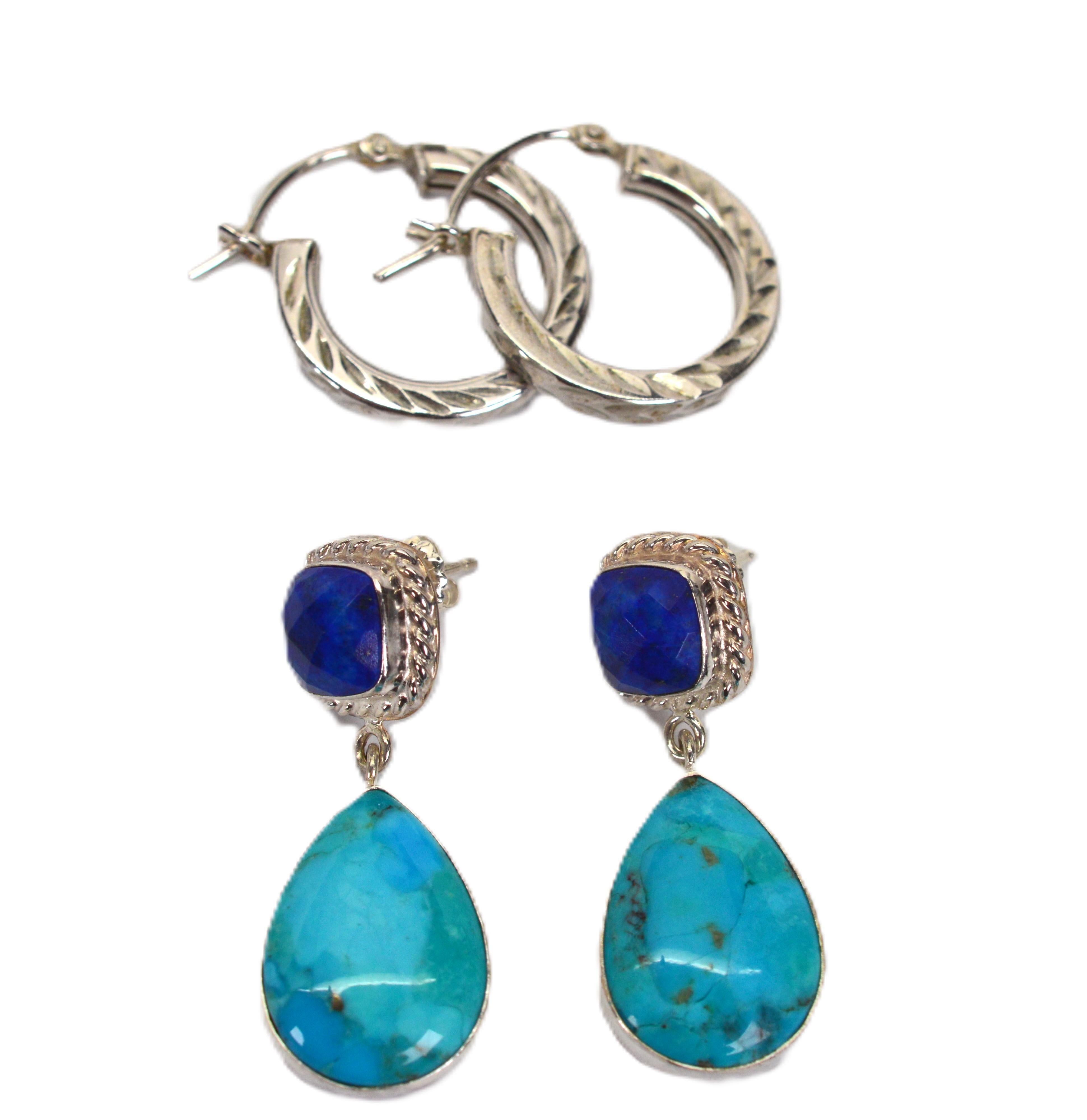 Shades of Blue Sterling Silver Link Bracelet w Three Earring Pair Suite en vente 1