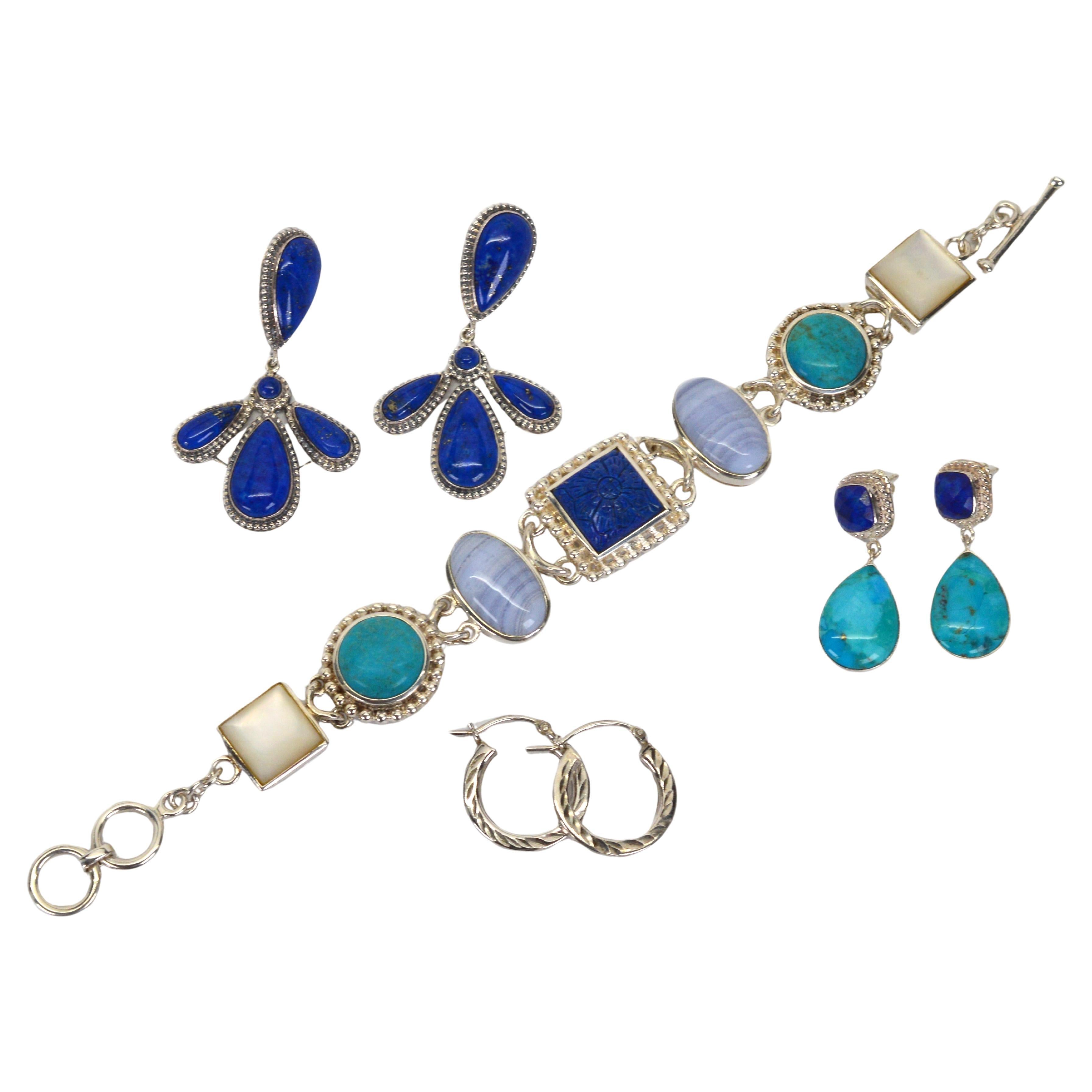 Tonos de azul Pulsera de eslabones de plata de ley con tres pares de pendientes Conjunto