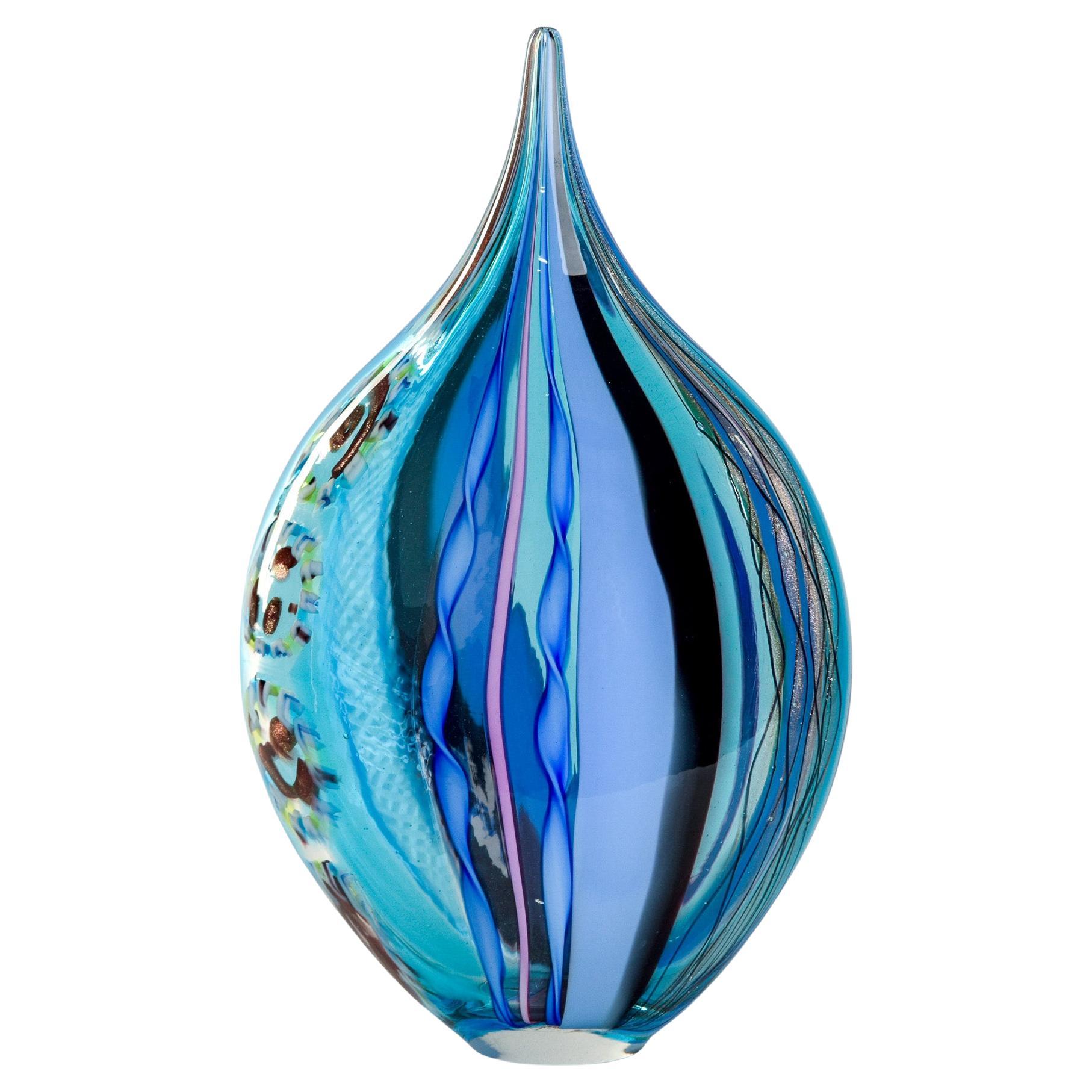 Scultura in vetro di Murano firmata Fabiano Zanchi con sfumature blu e oro in vendita