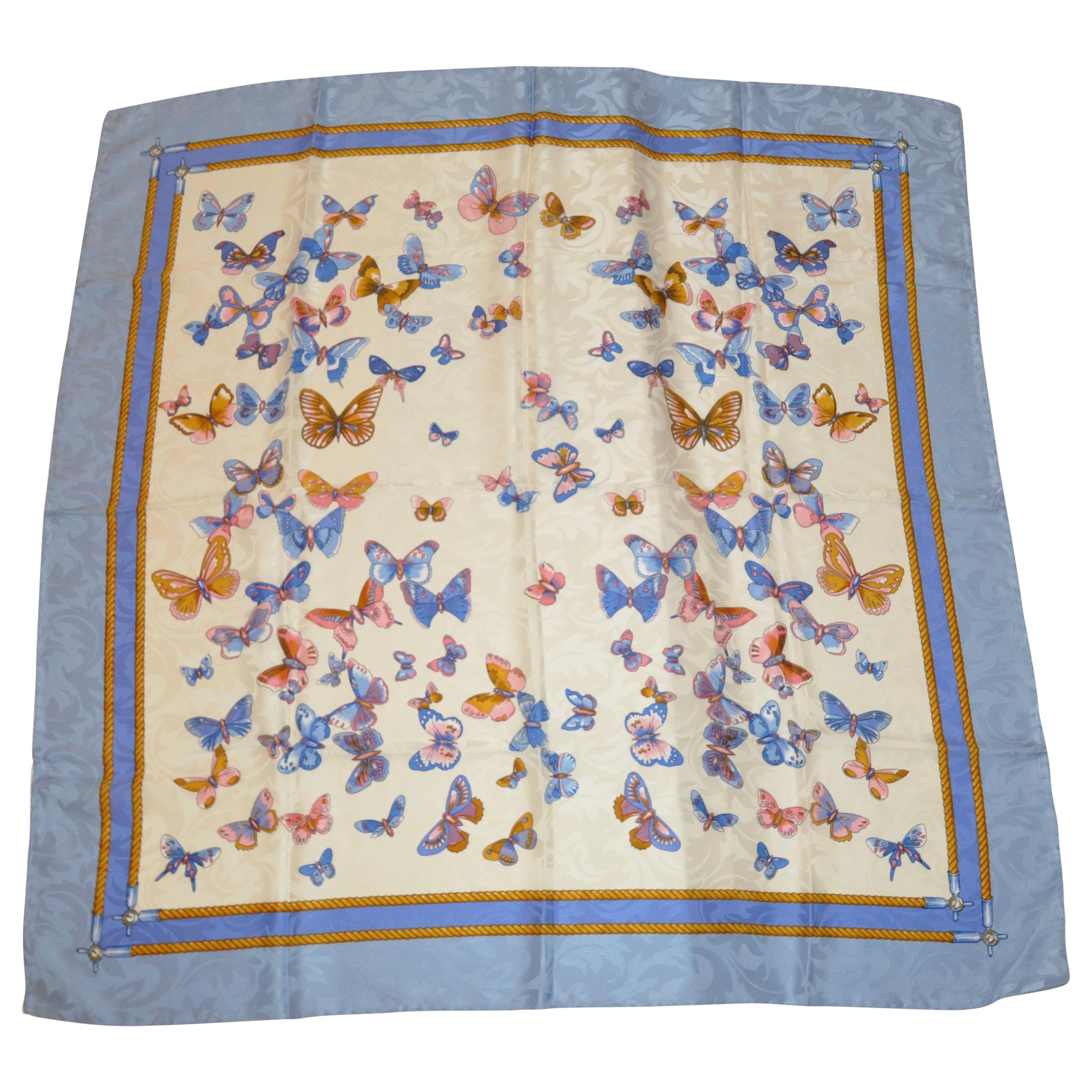Shades of Blues and Ivory "Bursting Show of Butterflies" Silk Scarf For Sale